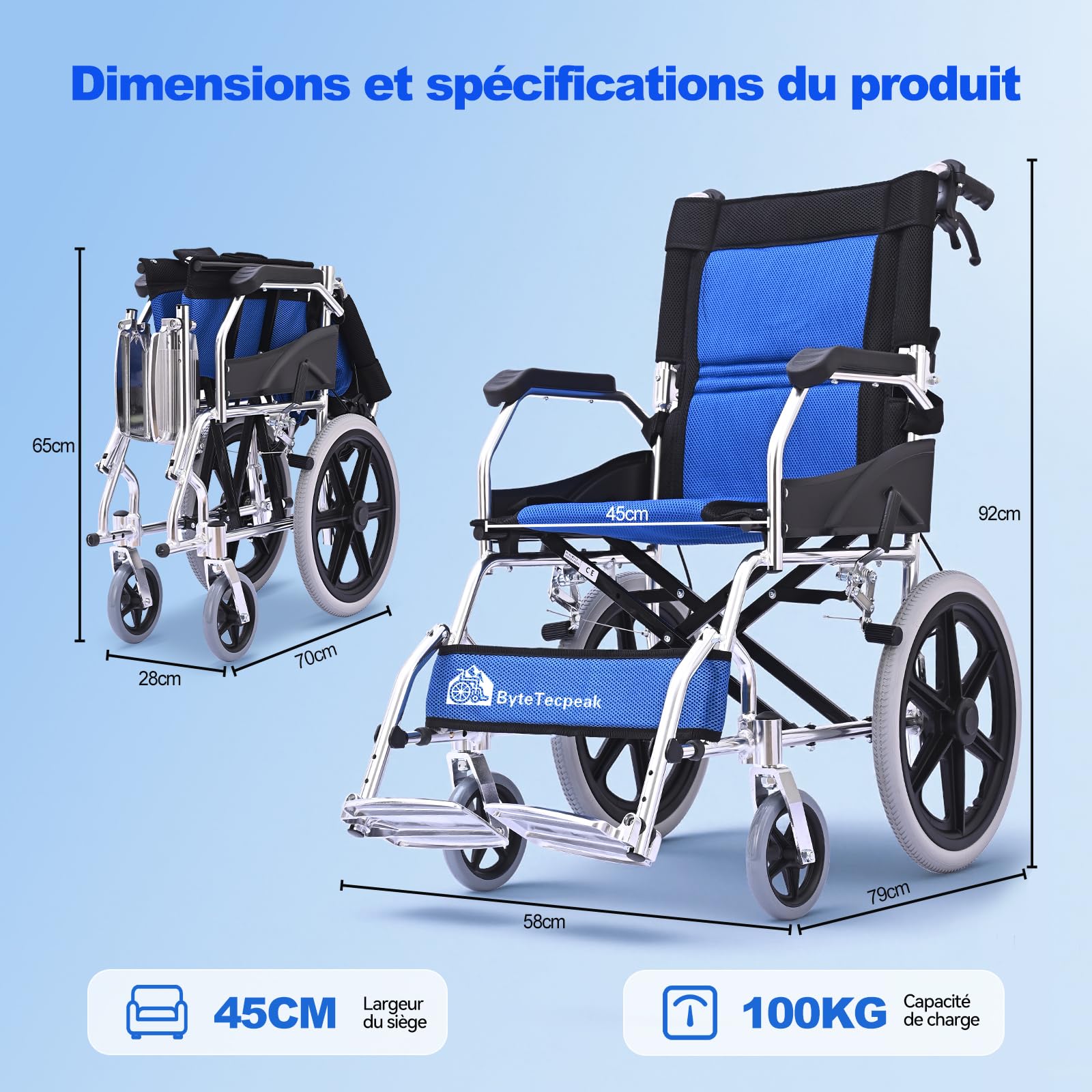 M3 Fauteuil roulant, pliable, léger, avec frein sur les poignées, pour personnes handicapées et personnes âgées, avec soutien au pied, accoudoirs, siège 45 cm
