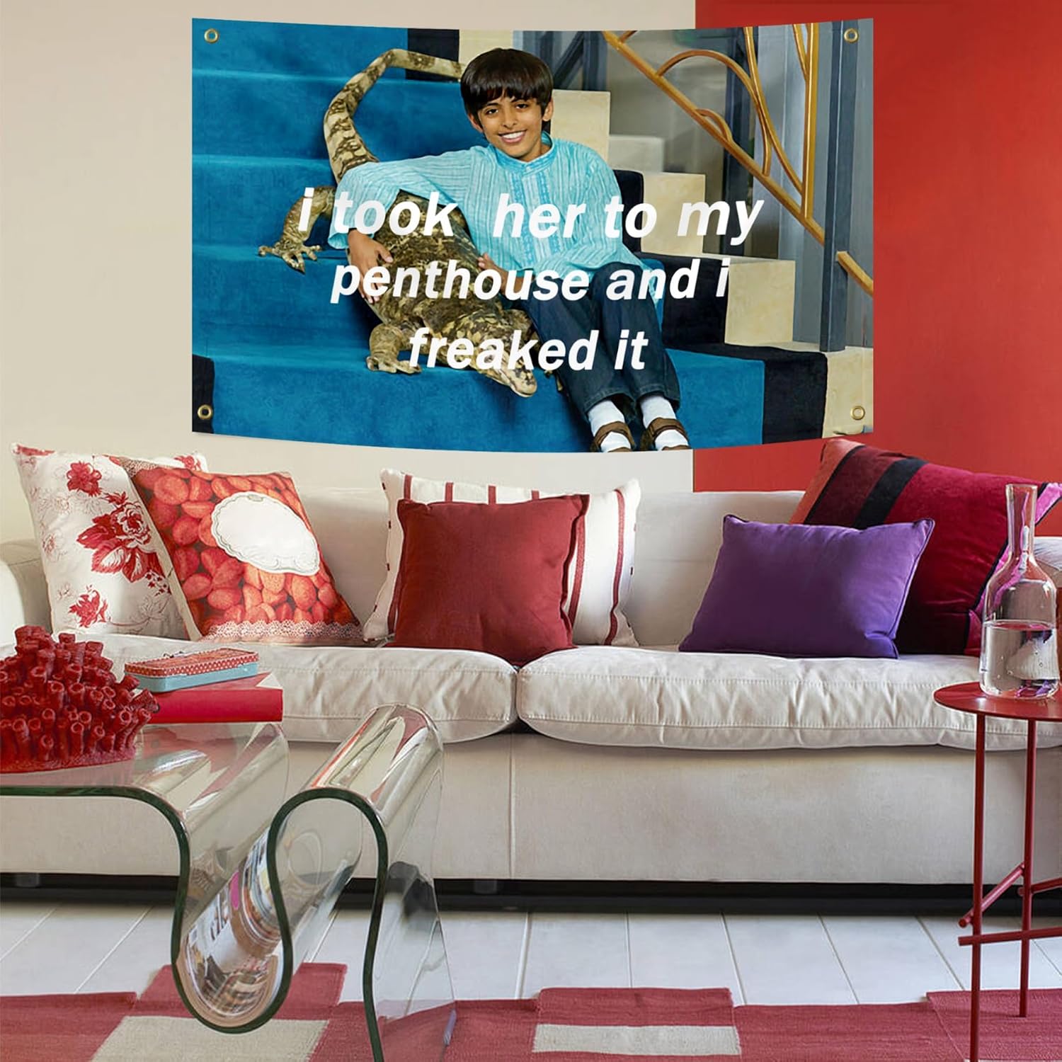 I Took Her To My Penthouse and I Freaked It Flag 3x5 Ft Funny and Meme Tapestries for College Dorm Room Wall Decor Flags with 4 Brass Grommets