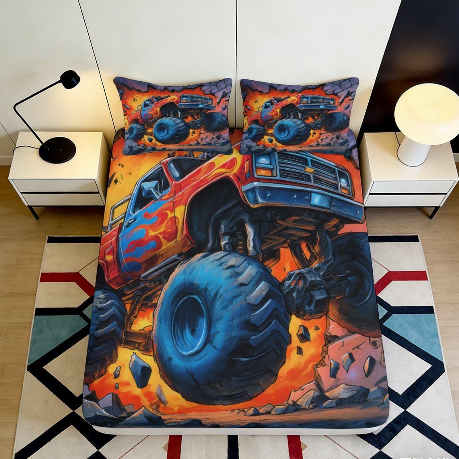 3D Printed Monster Truck Fitted Sheet Microfiber Soft Breathable Flame Racing Bed Cover for Bedroom Dorm Decor 90x200x25cm