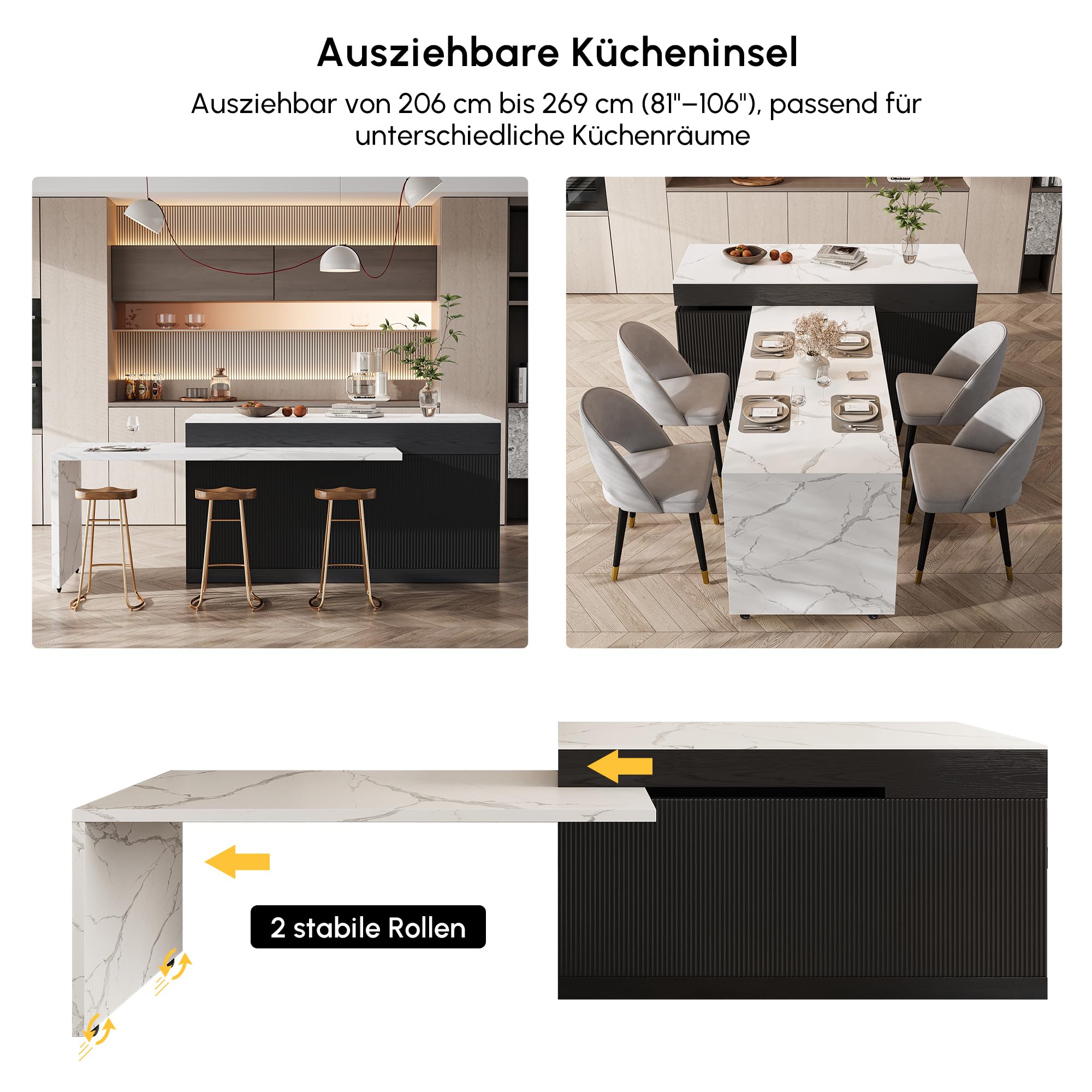 Homary Ausziehbarer Kücheninsel Freistehend Schwarze mit Stauraum und Sinterstein Arbeitsplatte, Umwandelbarer Esstisch für Küche und Esszimmer, 205-268cm x 90cm