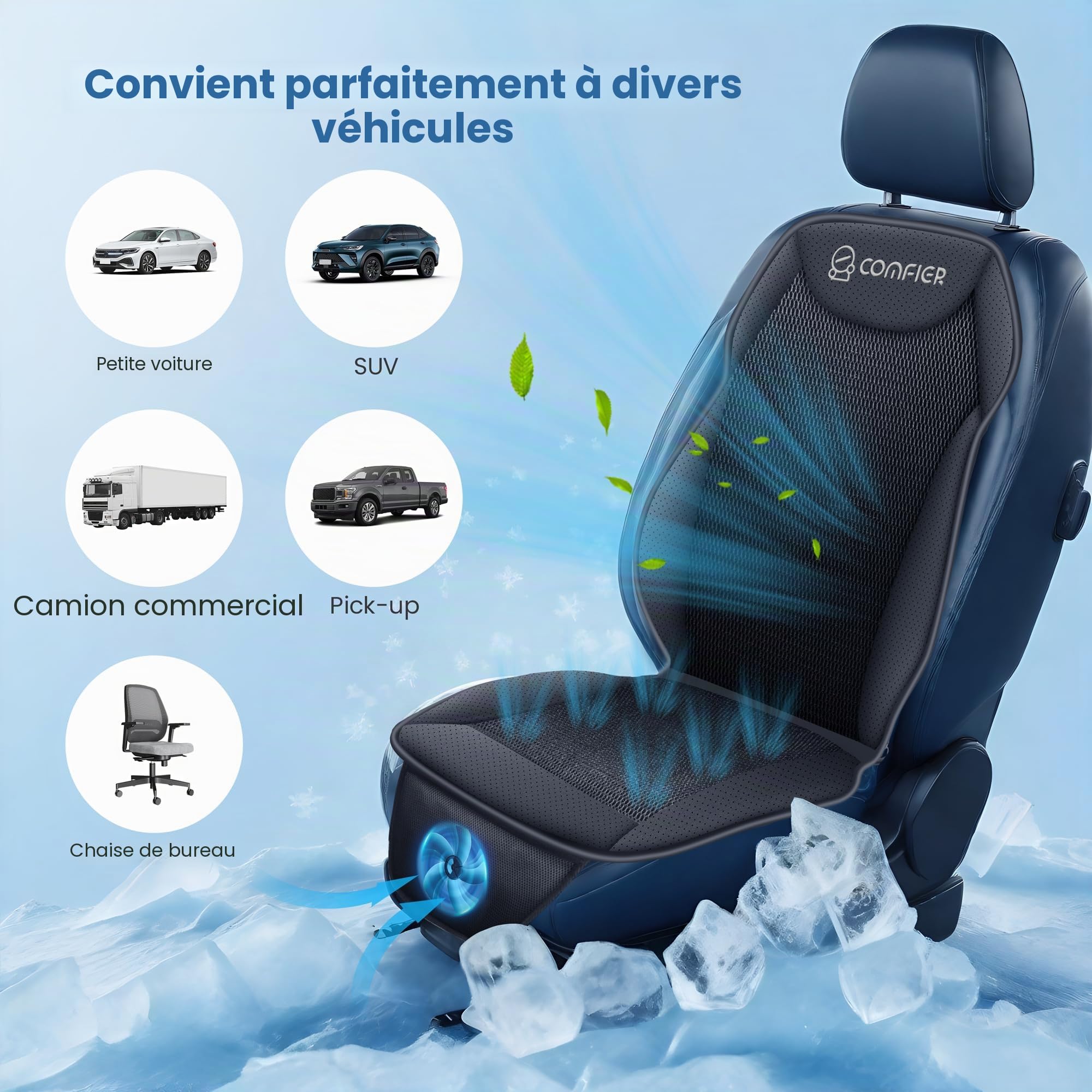 COMFIER Coussin de siège Auto rafraîchissant 12V, Housse de siège ventilée pour siège Avant, température réglable, Ajustement Universel pour Voiture, Camion et SUV, Noir