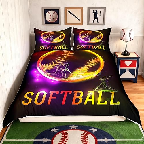 Funda de edredón de sóftbol tamaño Queen para niños y niñas, juego de ropa de cama de color amarillo degradado, funda de edredón para juegos Camping