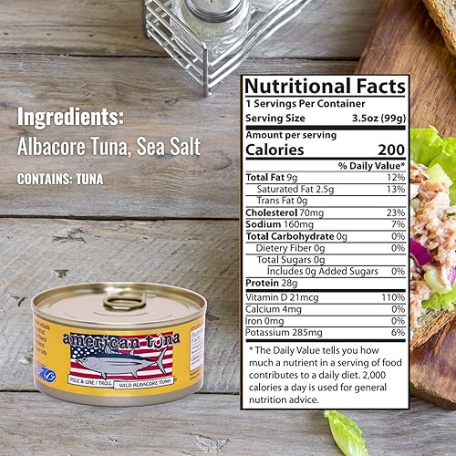 Vista 29 de American Tuna Pescado de atún blanco silvestre capturado en poste de grado sushi, con sal añadida, (6) latas de 3.5 onzas Cosechado