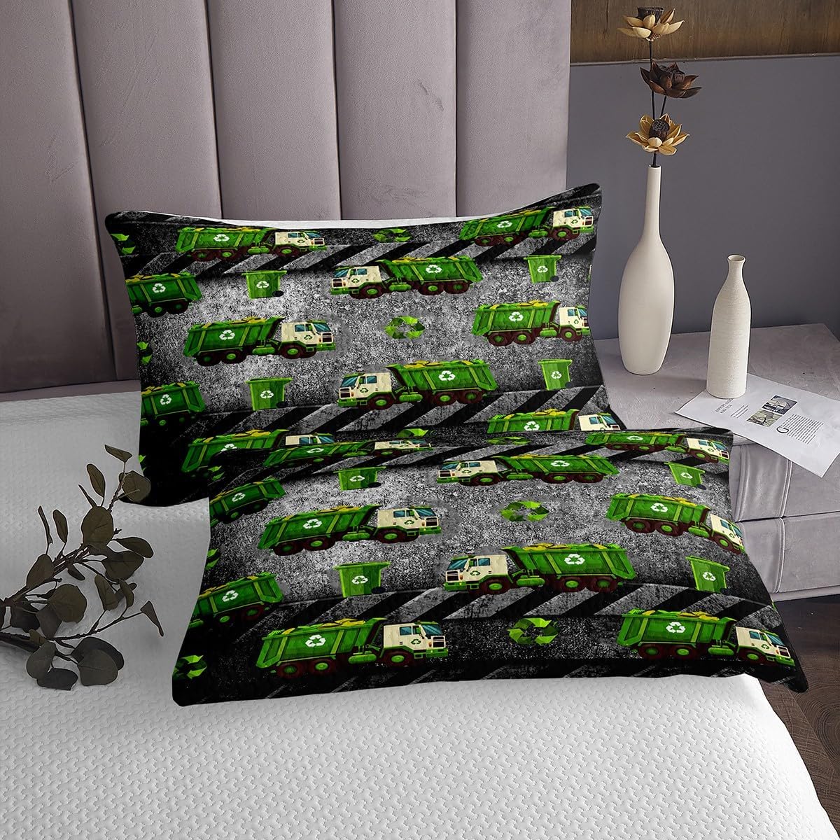 Rubbish Truck Bedding Green Trucks Coverlet Set 3Pcs Cartoon Car Pattern Kids' Quilt Sets Garbage Collection Car Home Decor Quilt Sets Coverlet Set with 2 Pillow Shams,King Size