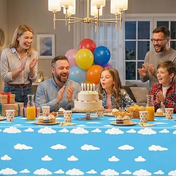 3PCS Blue Sky White Clouds Birthday Party Tablecloth