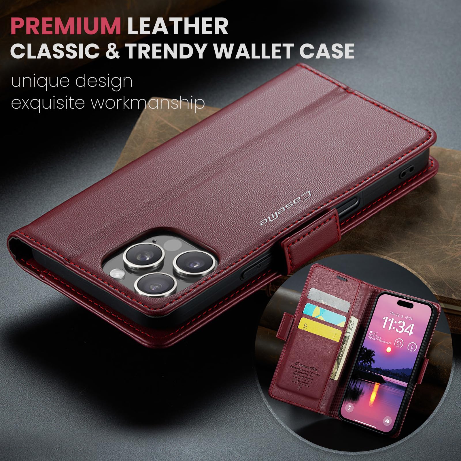 Etui do iPhone 16 Pro, wysokiej jakości skórzane portfela Case z [blokada RFID] stojak magnetyczne karty klapką ochrona obudowa Kompatybilne iPhone 16 Pro, Czerwony
