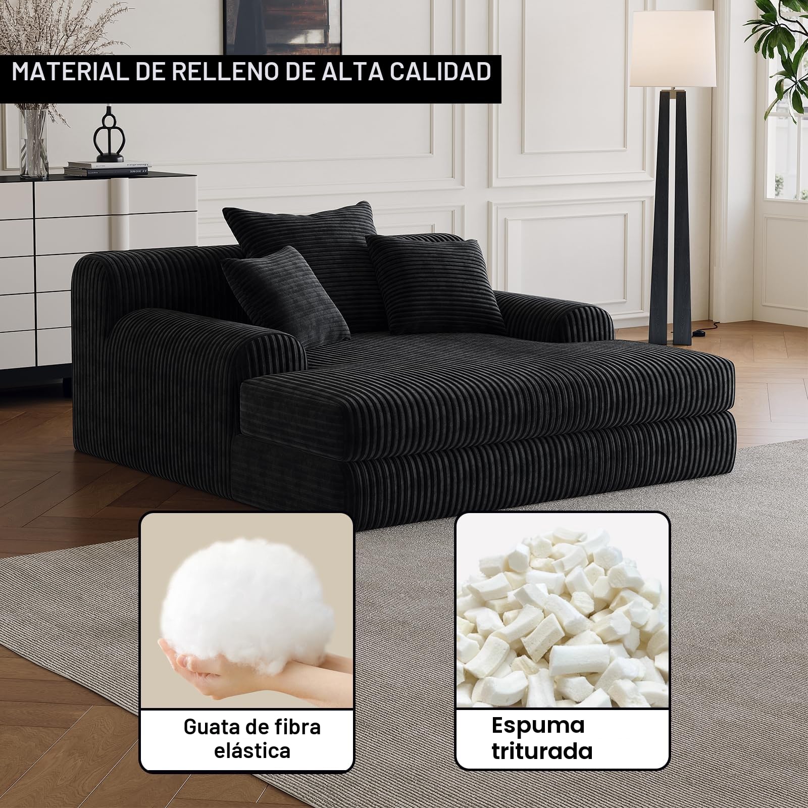 Sofá Moderno de Pana con función de sofá Cama y Chaise Longue, sofá en la Nube con 3 Cojines, cómodo Asiento para Sala de Estar en Negro, sin Montaje