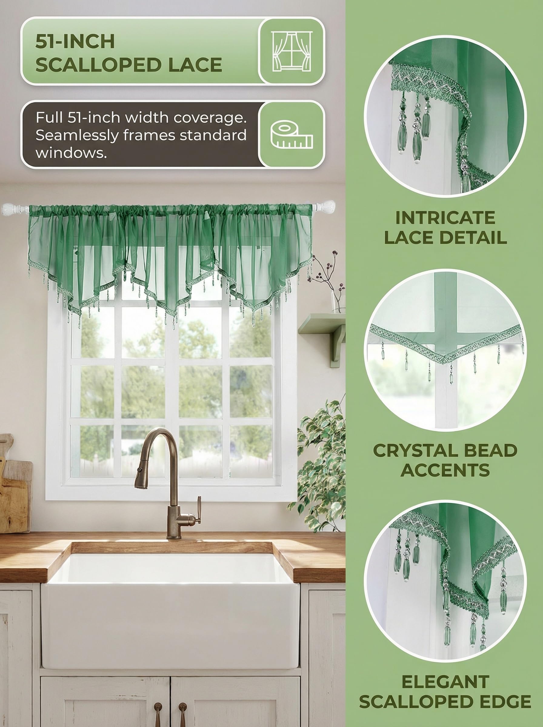 Molaxhome Swag Curtain Scalloped Curtain Valance Drape Sheer Lace Panel 1pc, Dark Green, W 51.2" x L 23.6" (1 Panels) - Image 4