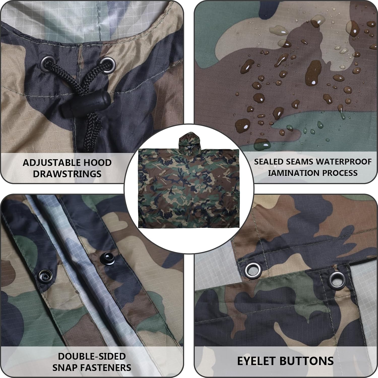 GRVCN Military Rain Poncho, Camouflage Raincoat Outdoor Waterproof Lightweight - Image 4