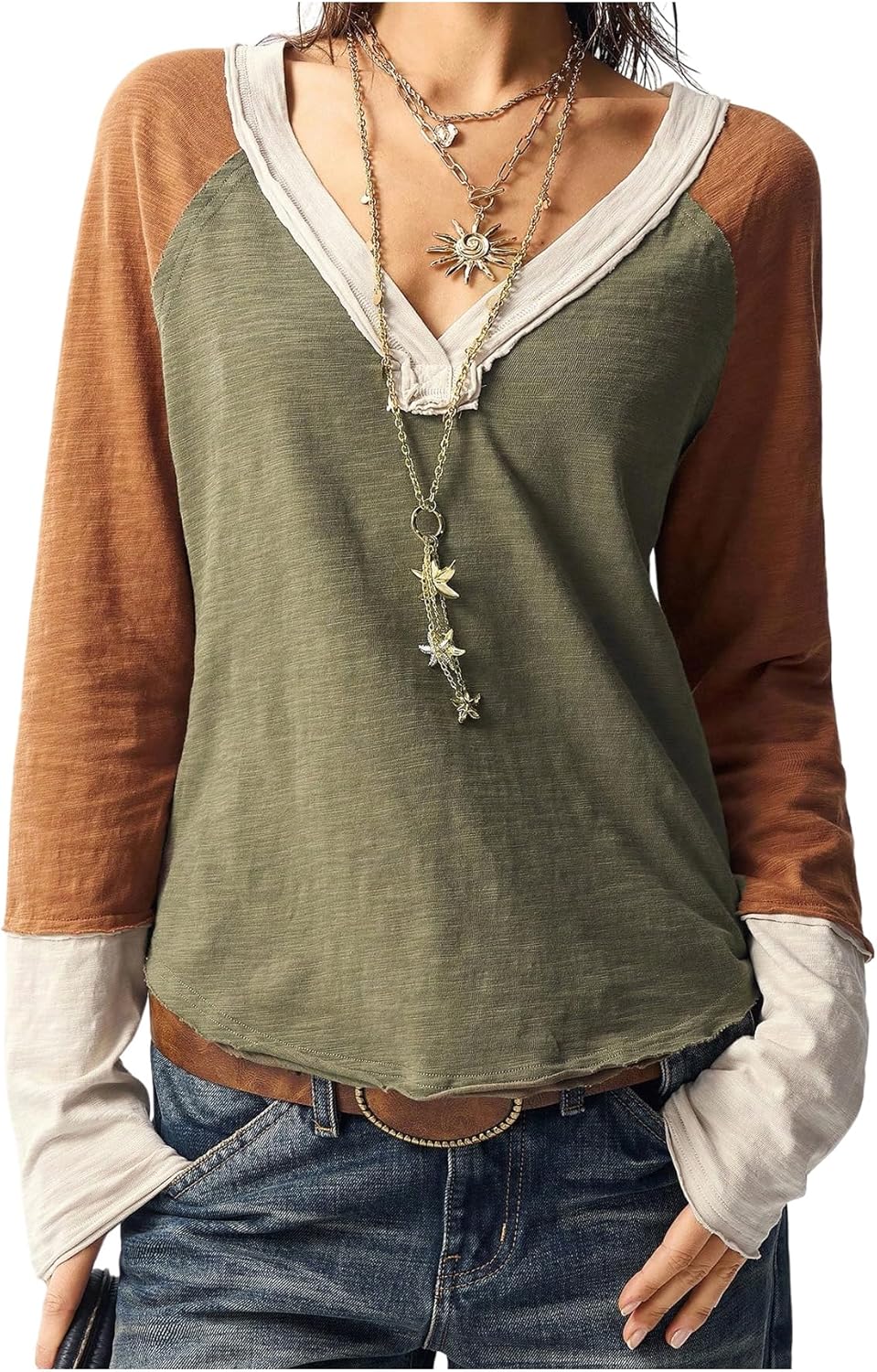 SOLY HUX Women's Color Block T Shirt V Neck Long Sleeve Tee Casual Fall Tops - Image 5