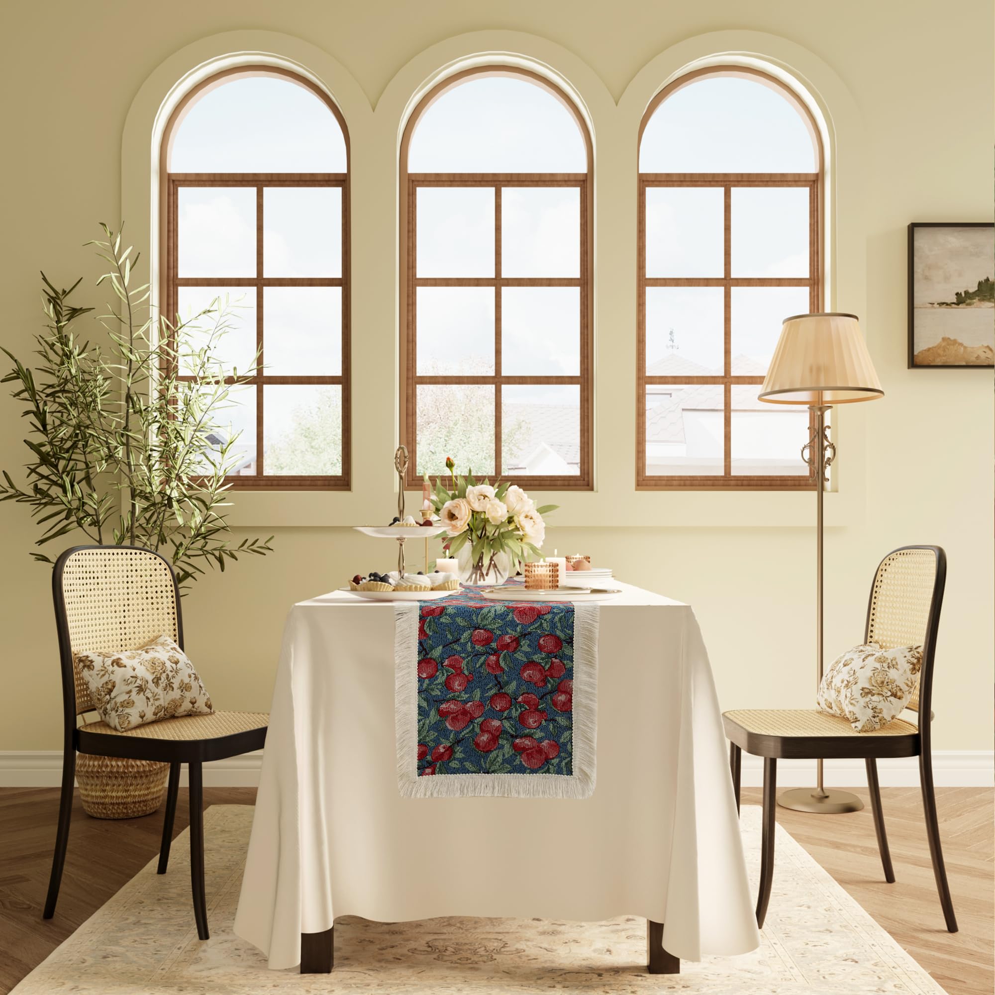 AUINBATA Table Runner Boho Runner for Table Spring Rustic Four Sides White Fringes Farmhouse Foral Table Cloth Cabinet Dining Decoration?12