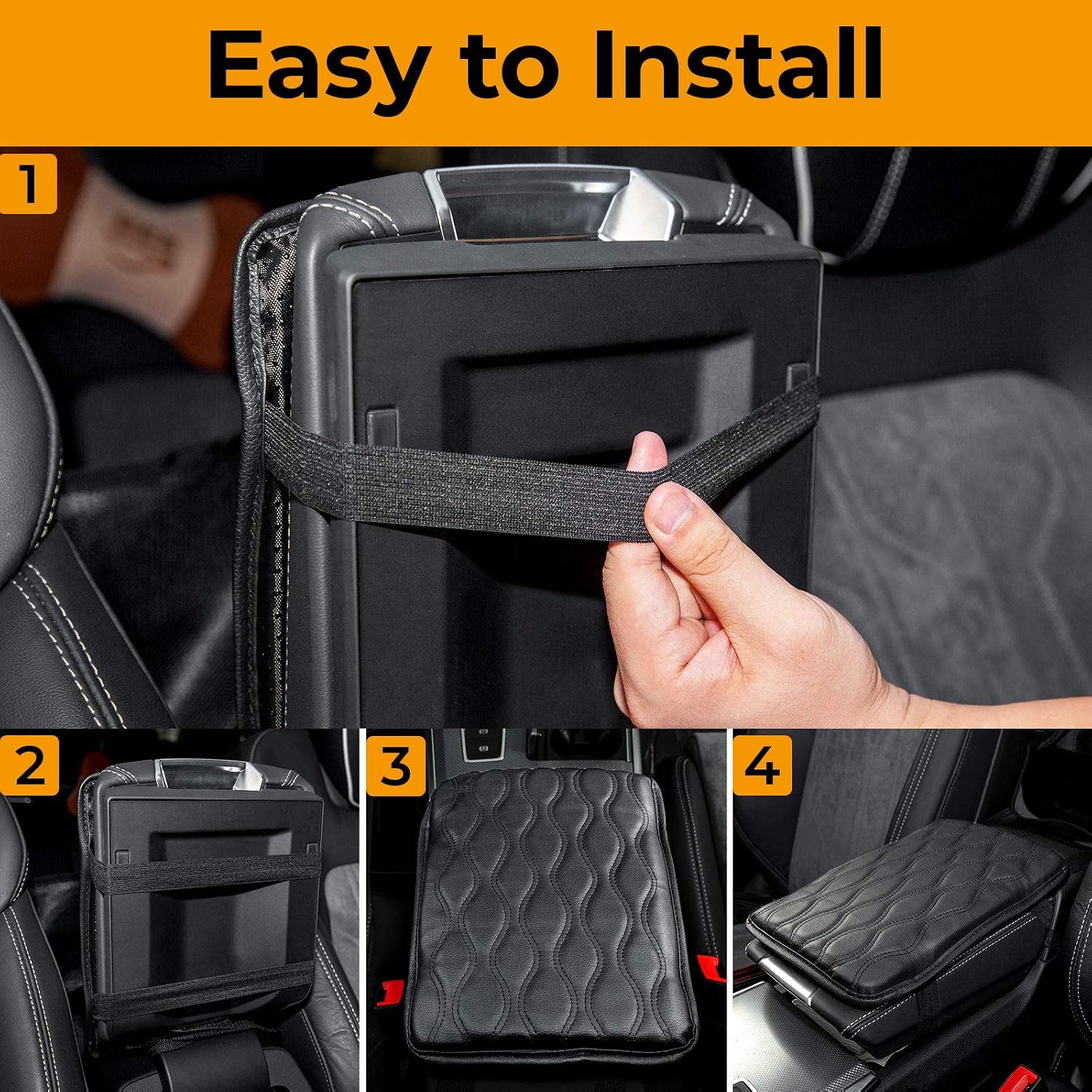 JOYTUTUS Armrest Cover for Car, Soft Padding Console Cover with Leather Surface, Universal Center Console Cover, Waterproof & Scratch Resistant Cushion with Elastic Strap for Various Cars (Black)