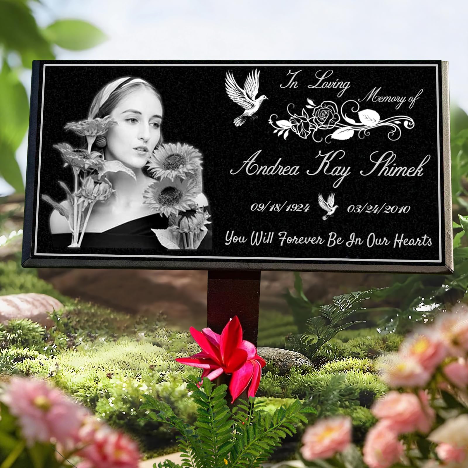 16x8 Personalized Human Memorial Stones,Headstones for Graves, Black Granite Memorial Garden Stone for Loved Ones,Personalized Grave Marker Stones with Picture (Gray)