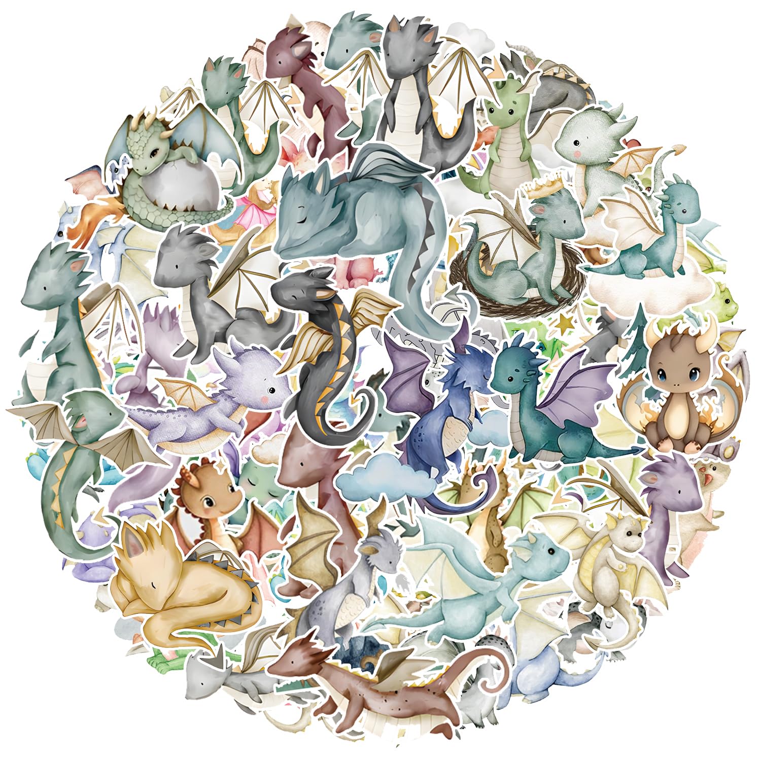 100 Pcs Watercolor Dragon Stickers, Knight Baby Shower Supplies, Magical Birthday Party Favors, Fantasy Dino Rainbow Decorations for Water Bottles,