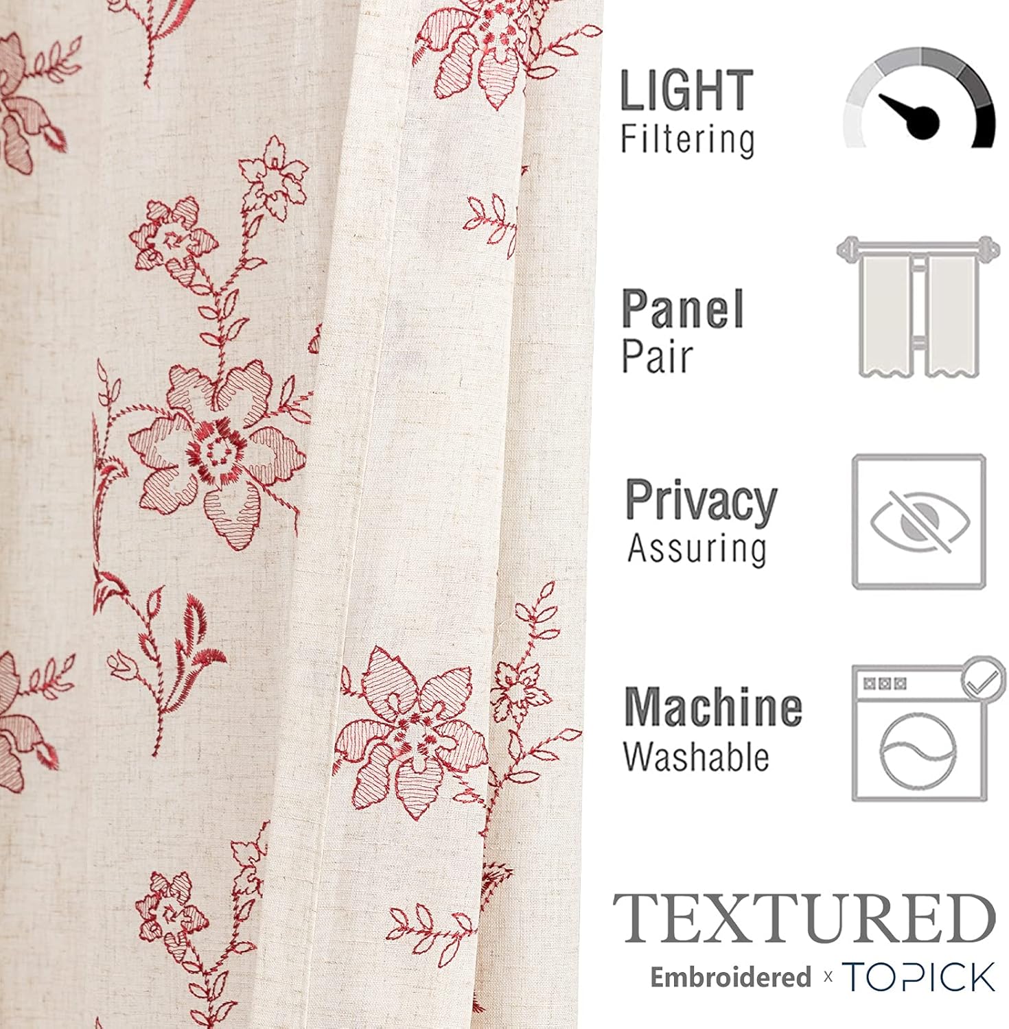 Topick Linen Textured Pink Window Curtains Floral Embroidery Design Living Room Curtain Panels Bedroom Grommet Window Drapes One Pair 63 inch : Home & Kitchen