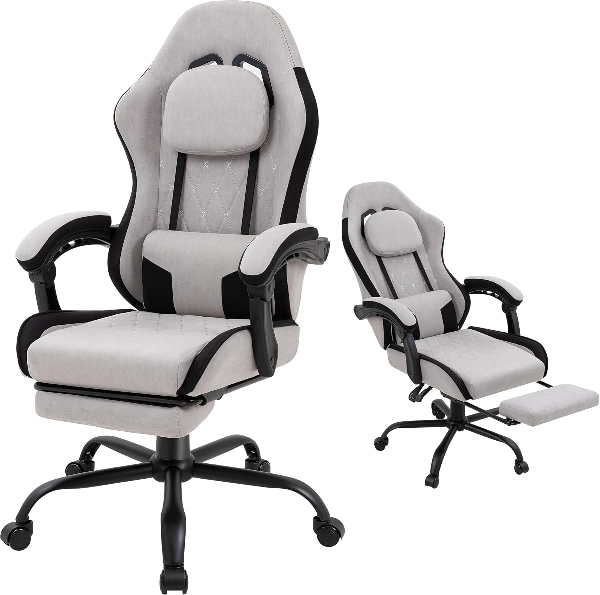 Gaming Chair for Adults, Fabric Gaming Chair with Footrest and Pocket Spring Cushion, Ergonomic Gamer Chair with Lumbar Support, Reclining Computer Gaming Chair with High Back, Grey