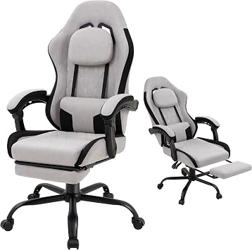 Gaming Chair for Adults, Fabric Gaming Chair with Footrest and Pocket Spring Cushion, Ergonomic Gamer Chair with Lumbar Support, Reclining Computer Gaming Chair with High Back, Grey
