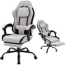 Gaming Chair for Adults, Fabric Gaming Chair with Footrest and Pocket Spring Cushion, Ergonomic Gamer Chair with Lumbar Support, Reclining Computer Gaming Chair with High Back (Grey)