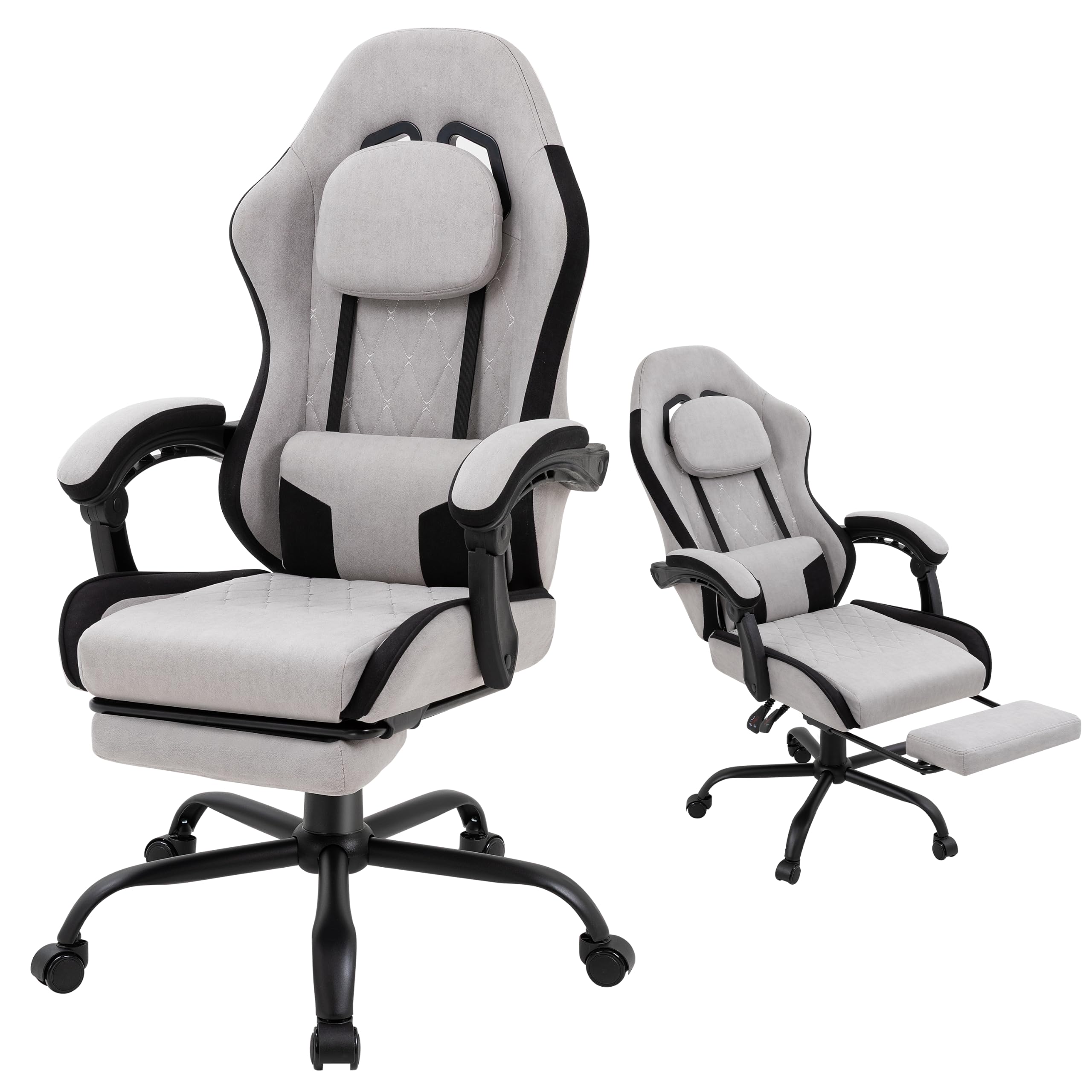Gaming Chair for Adults, Fabric Gaming Chair with Footrest and Pocket Spring Cushion, Ergonomic Gamer Chair with Lumbar Support, Reclining Computer Gaming Chair with High Back, Grey