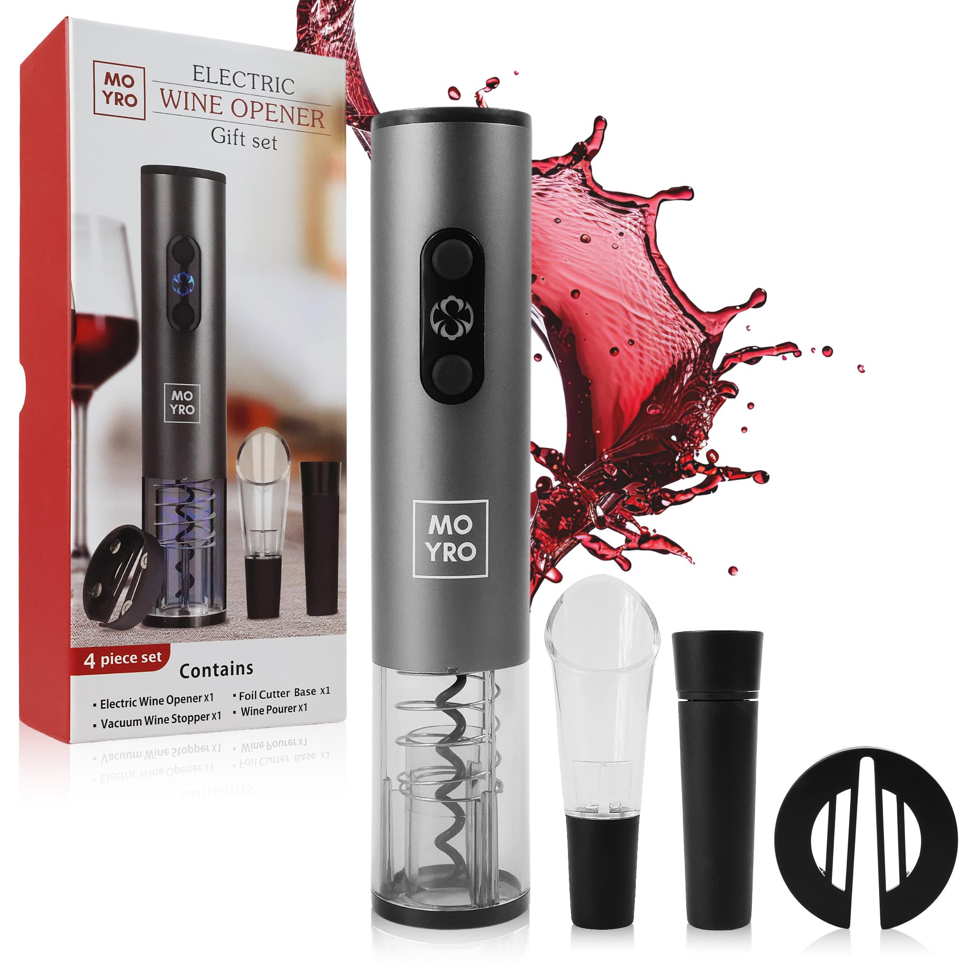 Sacacorchos Eléctrico, Abridor de Vino Automatico Profesional 4 en 1 con Cortacapsulas Botella, Vertedor de Vino, Tapón de Vino de Vacío, Funciona con 4 Pilas AA (no incluidas).