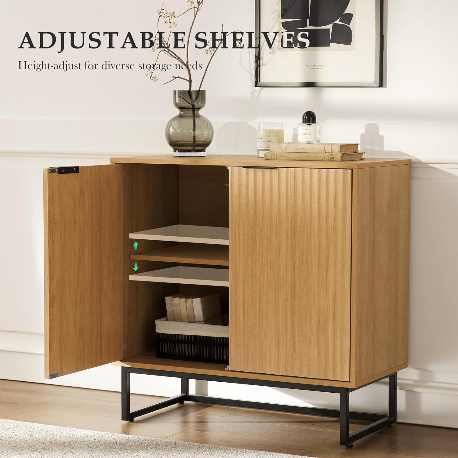 Fluted Storage Cabinet,Sideboard Buffet Cabinet with Adjustable Shelves,Multifunctional Console Table with Storage Credenza Accent Cabinet for Living Room, Dining Room, Hallway, Natural Oak
