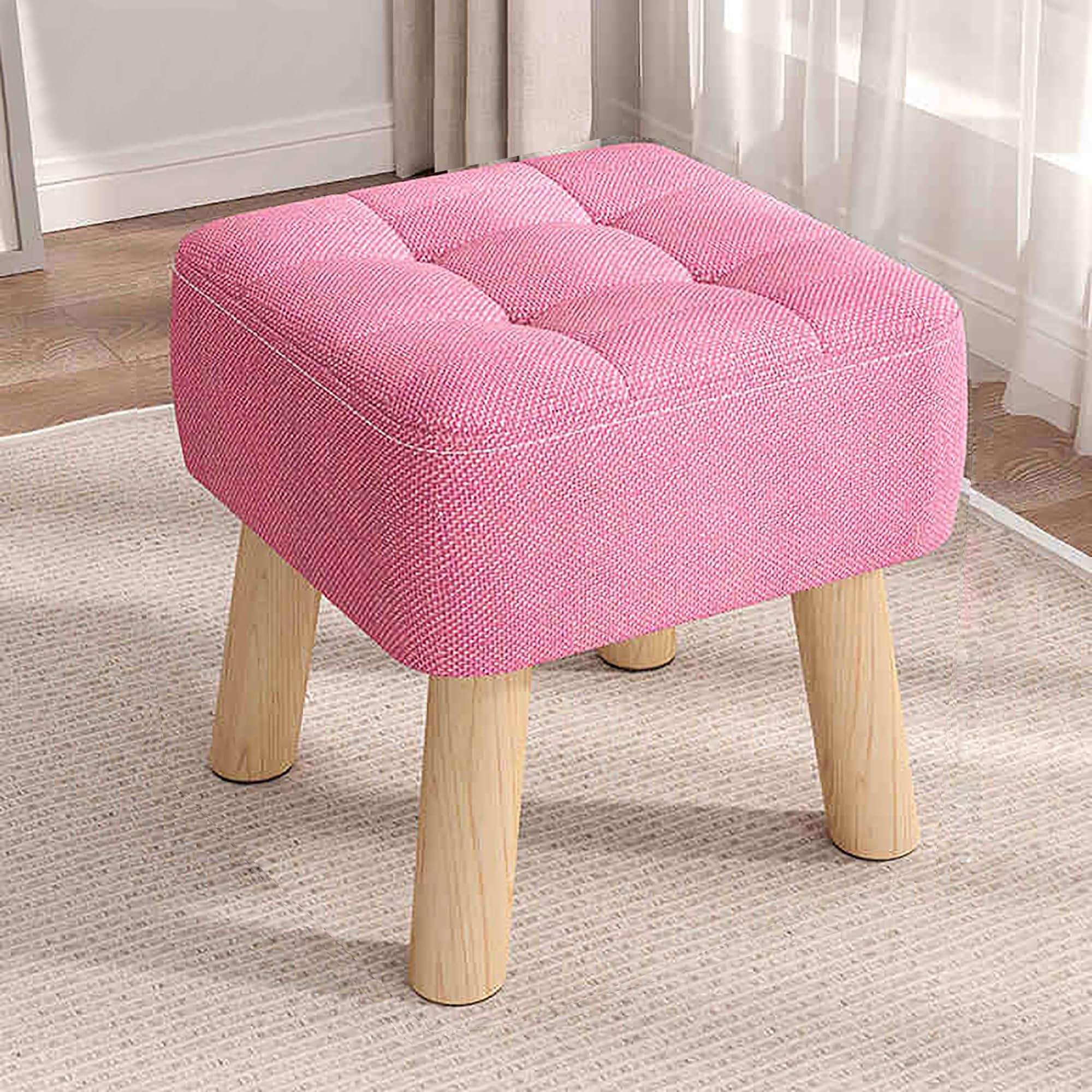 LWJSOCP Pink Ottoman with Footrest Multi-Purpose Pouf for Shoe Change Small Coffee Table Leather Makeup Stool Padded Vanity Bench (30x30x34cm)