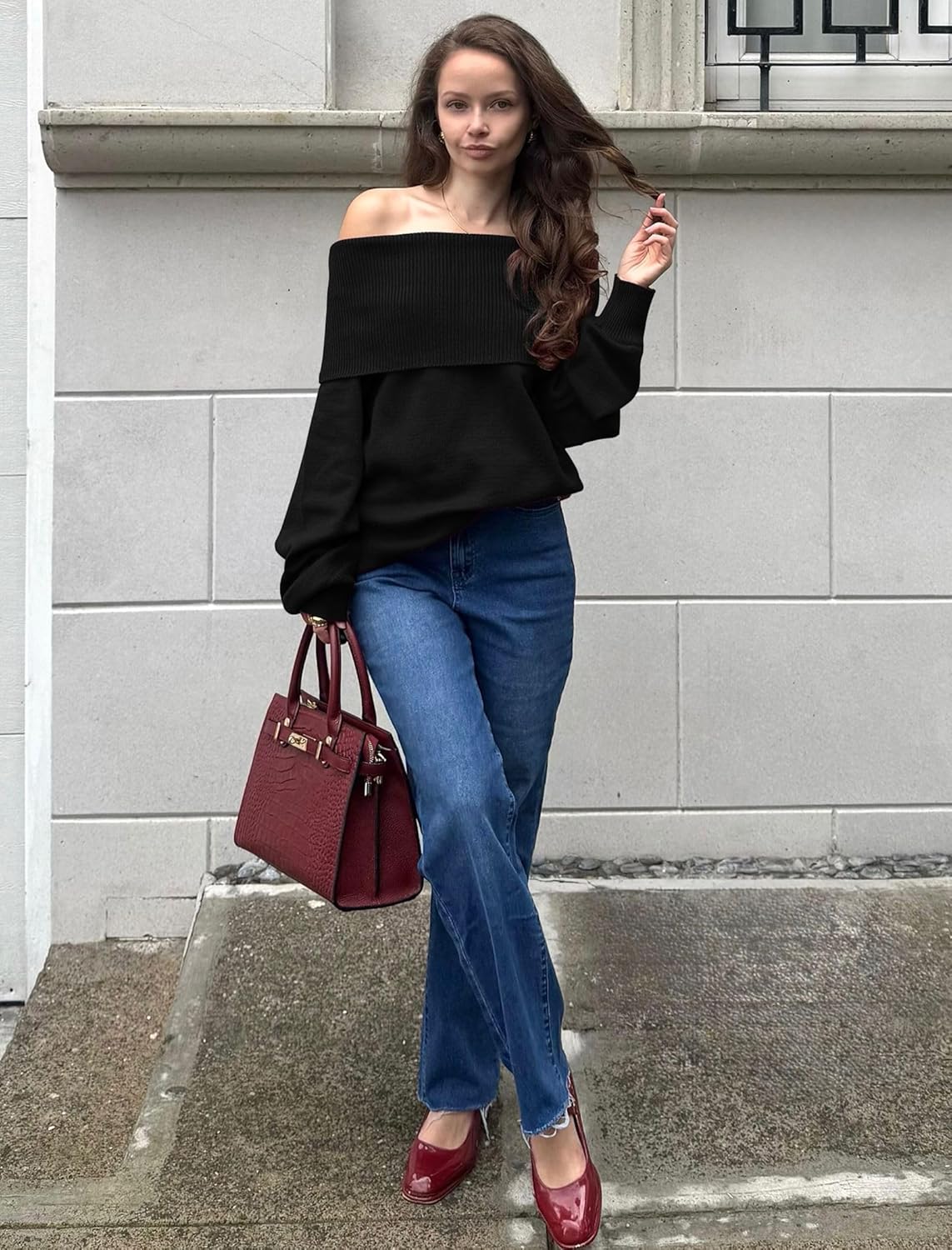 ZAFUL Women's Off Shoulder Sweater Fall Oversized Knit Tops 2025 Long Lantern Sleeve Pullover Jumper - Image 2
