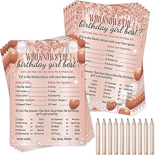 Who Knows The Birthday Girl Best Card 50 Pcs Rose Gold Sprinkles Birthday Party Activity Game Card Set Girly Pink Best Card with 10 Pre Pointed Pencils for Teen Girls Sweet Sleepover Slumber Party