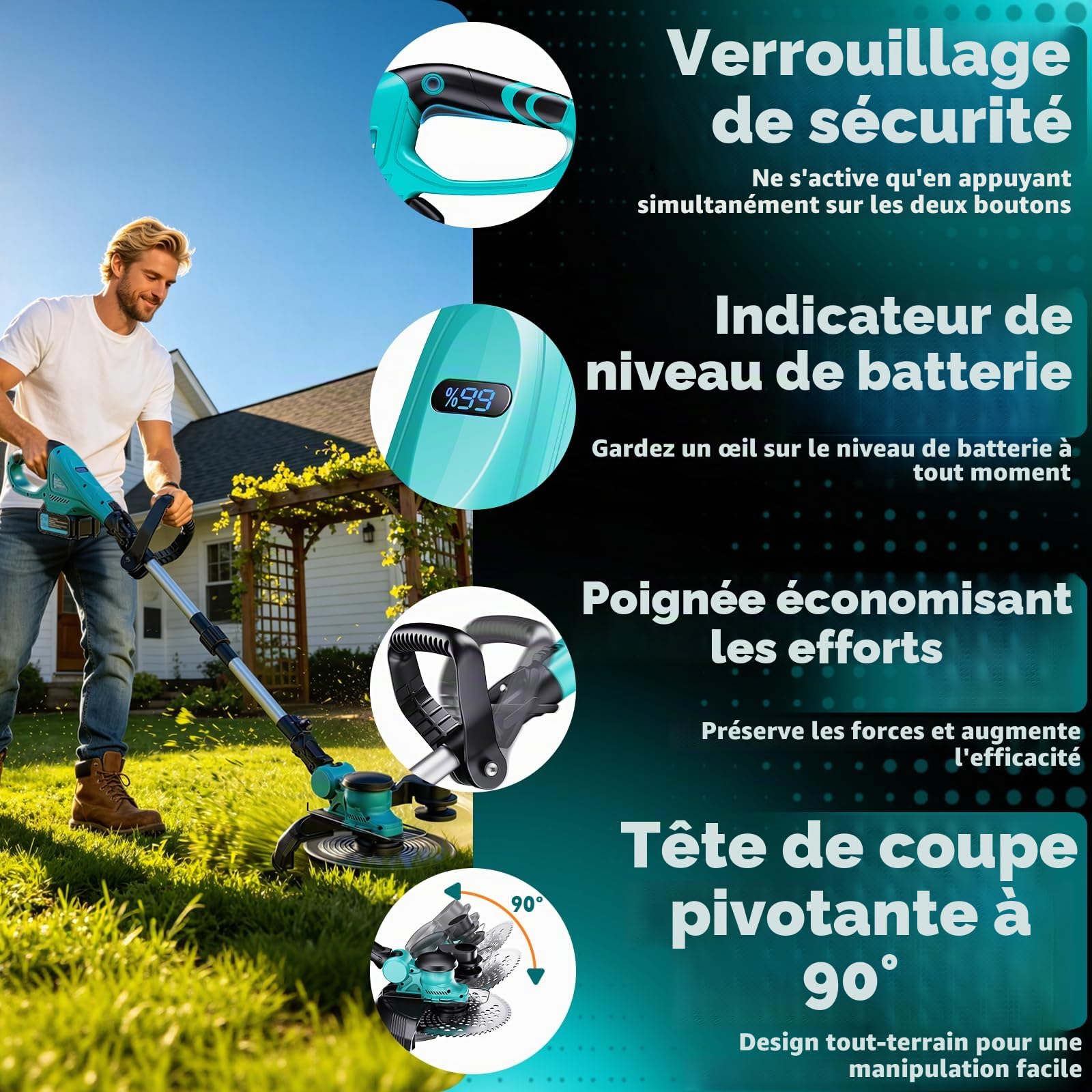 Tondeuse à gazon avec batterie, Tondeuse électrique avec 2 x 4,0 Ah batteries et chargeurs, débroussailleuse avec brosse anti-mauvaises herbes, moteur sans balais 1000W, tondeuse électrique pour les