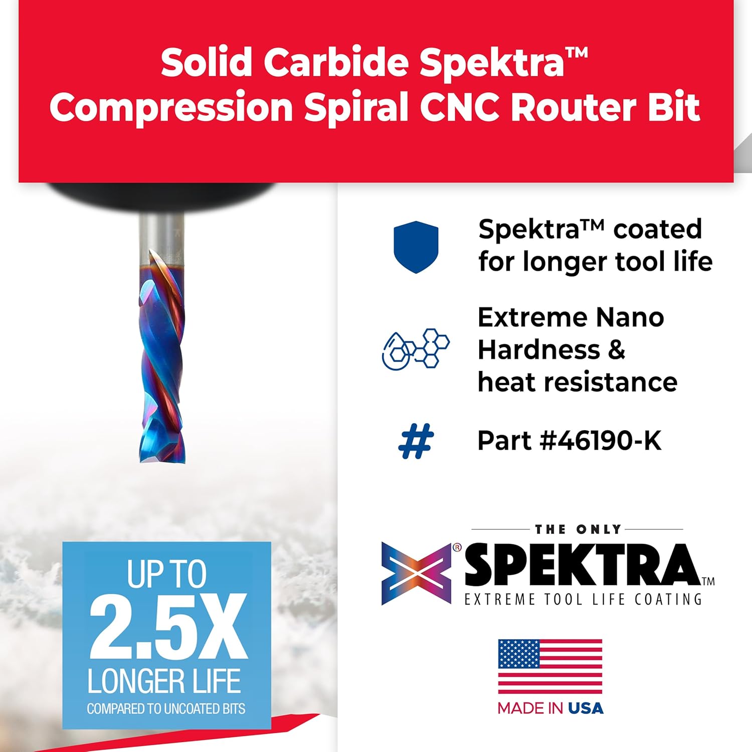 Amana Tool Spektra Extreme Tool Life Solid Carbide CNC Compression Spiral Router Bit, 46190-K, 1/2 D x 1-5/8 CH x 1/2 Shank x 3-1/2 Inch Long 2 Flute