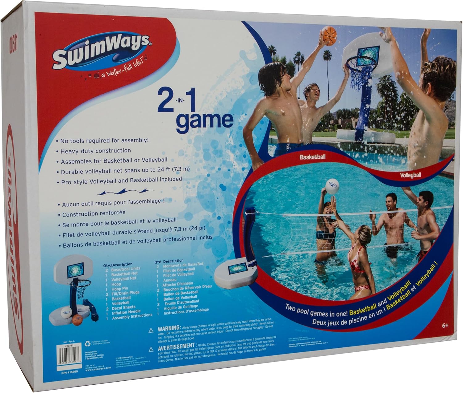SwimWays 2-in-1 Pool Sport Combo Set - Volleyball Net & Outdoor Basketball Hoop for in- & Above Ground Pool, Outdoor Games for Adults and Family