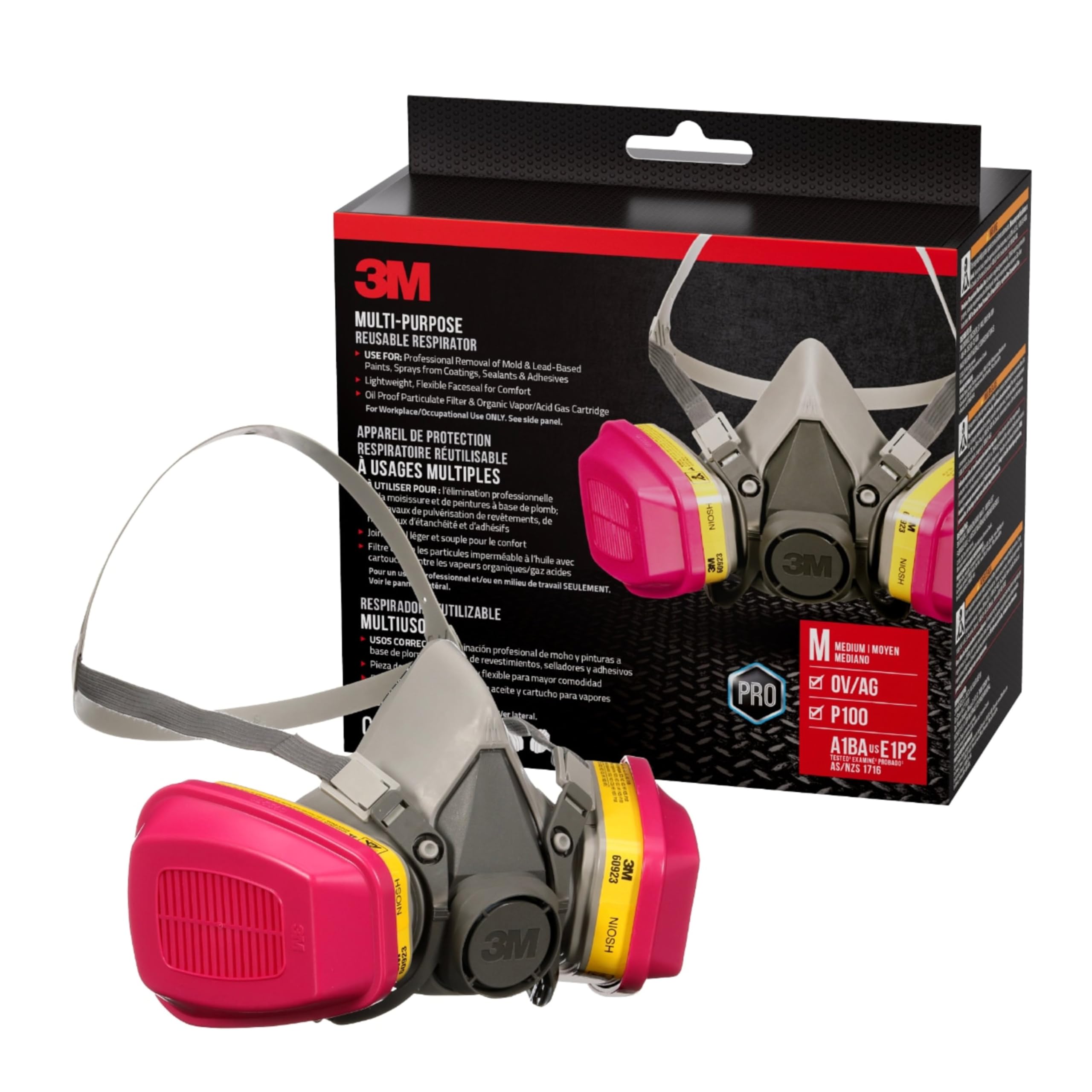 3M P100 / OV / AG Multi-Purpose Reusable Respirator 62023 Medium Size NIOSH-APPROVED P100 / Organic Vapor / Acid Gas Rated Filters Adjustable Head Straps Comfortable & Lightweight (62023H1-DC)
