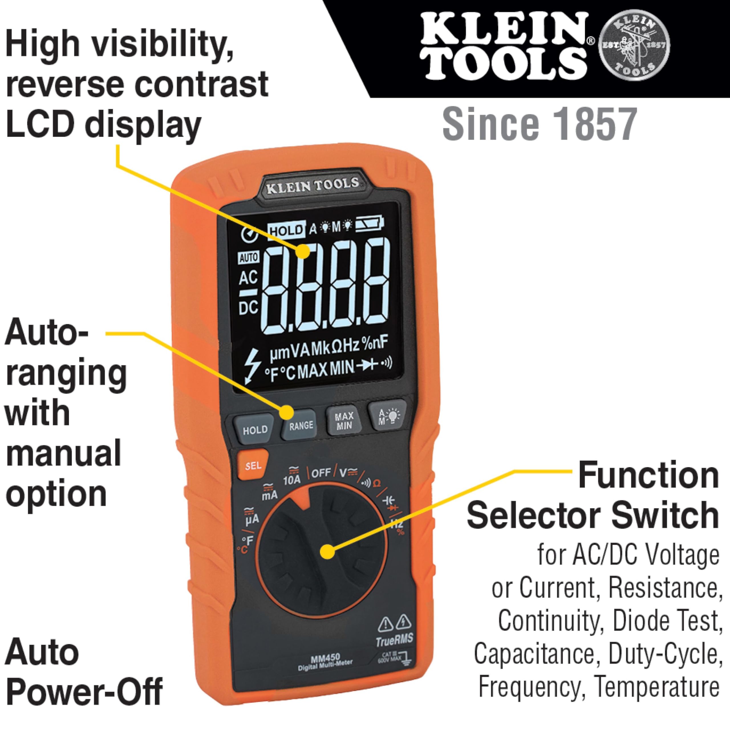 Klein Tools Multímetro MM450, medidor digital delgado, TRMS de rango automático, voltaje CA/CC de 600 V, corriente, resistencia, temperatura, frecuencia, continuidad, naranja