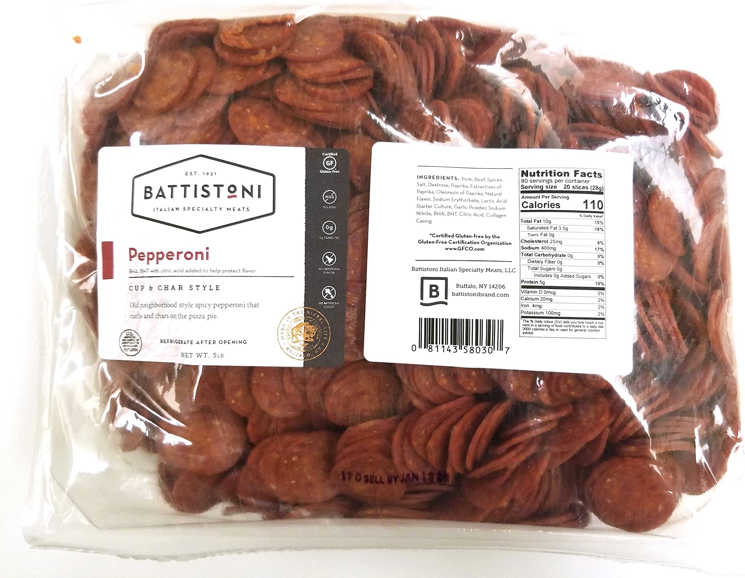 Battistoni Cup & Char Spicy Pepperoni (Bulk 5lb Bag)