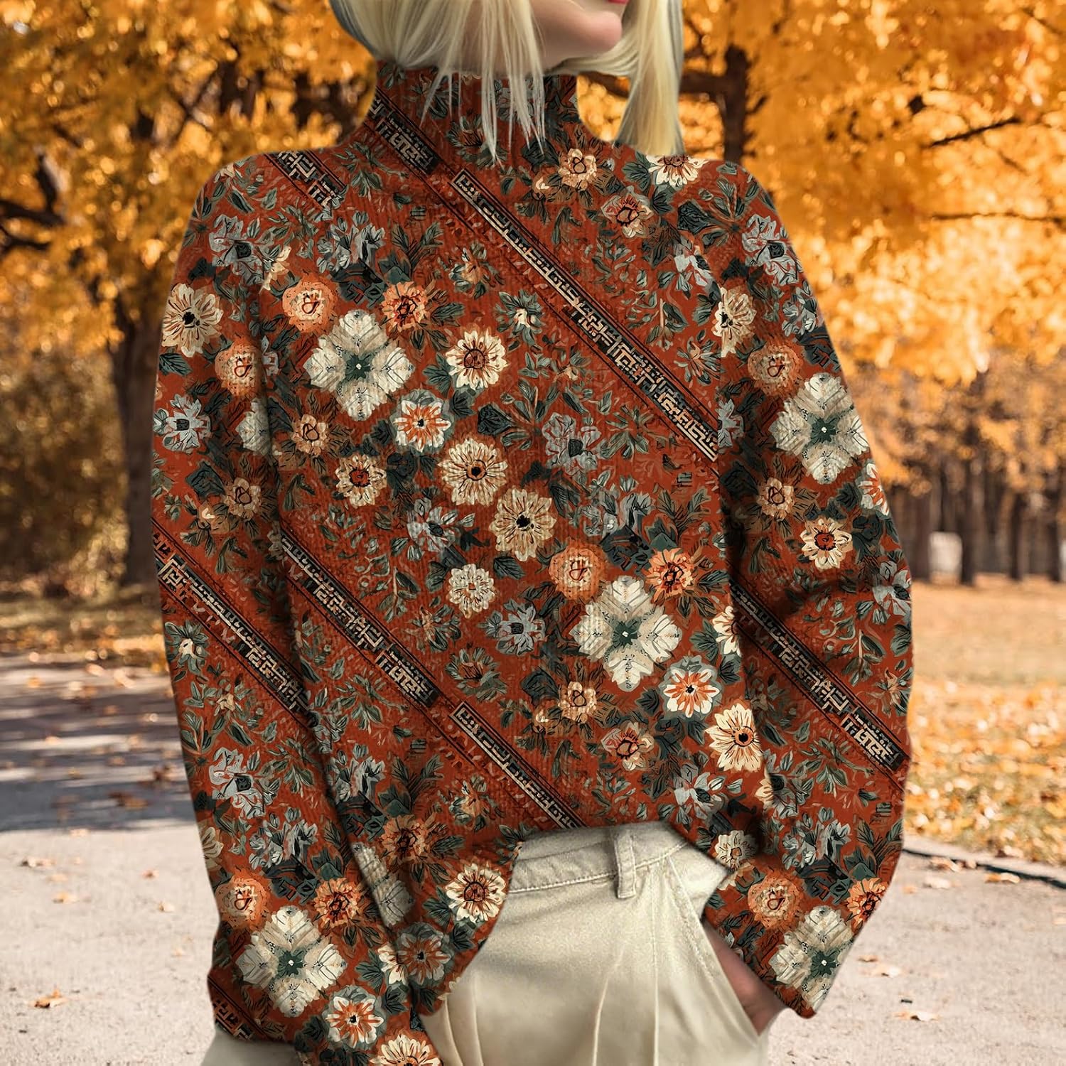 Ethnic Print Sweatshirt for Women Turtleneck Long Sleeve Vintage Graphic Pullover Cozy Warm Casual Ribbed Knit Tunic Tops - Image 4