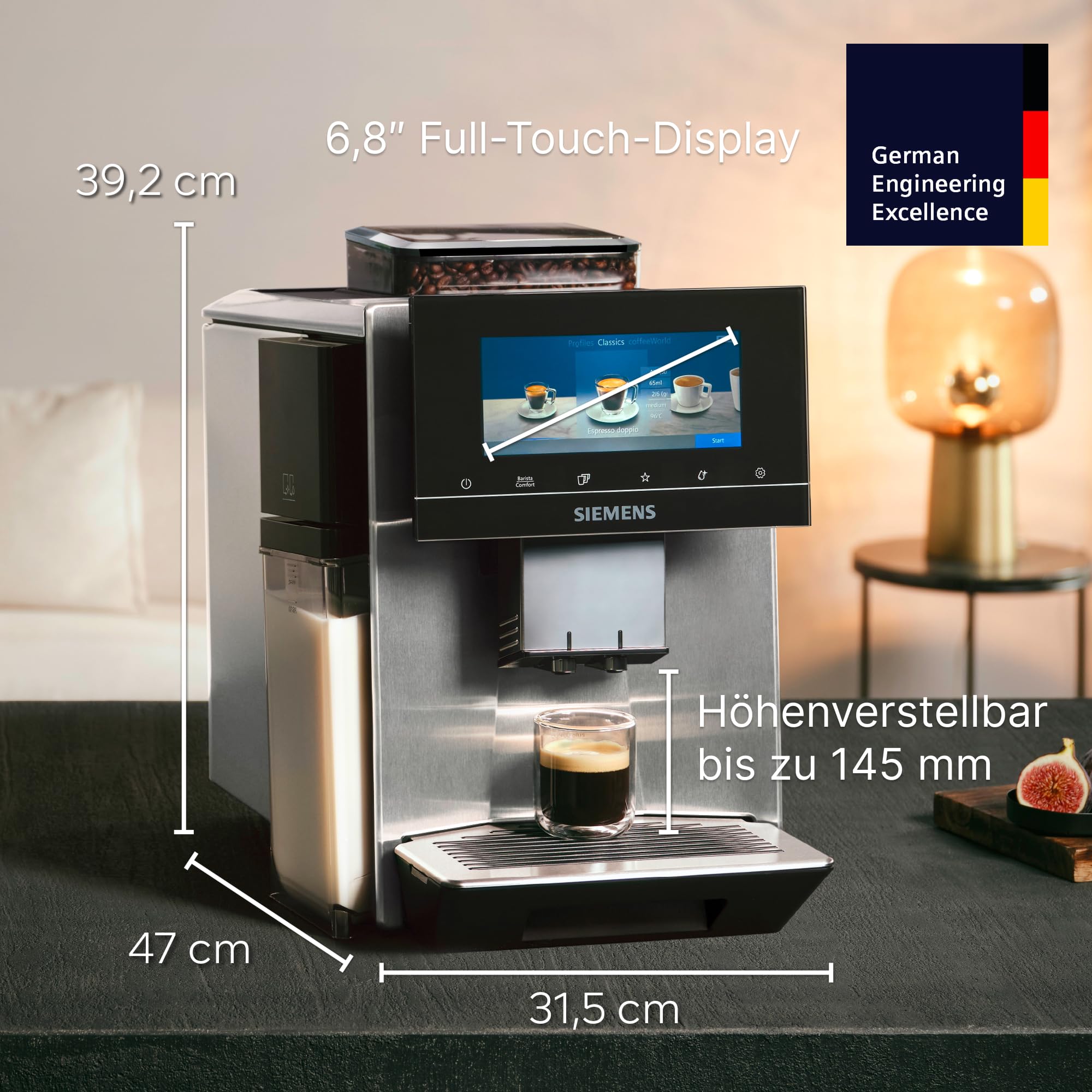 Siemens Kaffeevollautomat EQ900 plus, großes farbiges TFT-Display, autom. Reinigungsystem via Kartuschen, 36 Heiß- und Kaltgetränke, Cold Brew, Doppeltassenfunktion, super leise, Edelstahl, TQ905DZ3 | Großes farbiges TFT-Display, Autom. Reinigungsystem vi