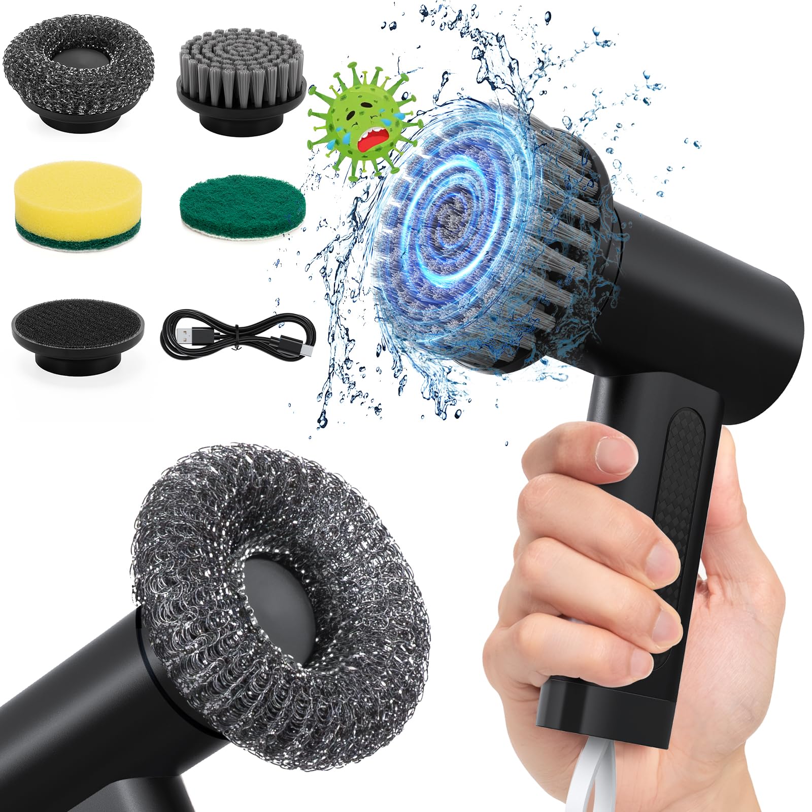 Electric Spin Scrubber 2000 mAh Cordless Power Scrubber with 4 Replaceable Brush Heads 2 Speeds Lightweight Waterproof Handheld