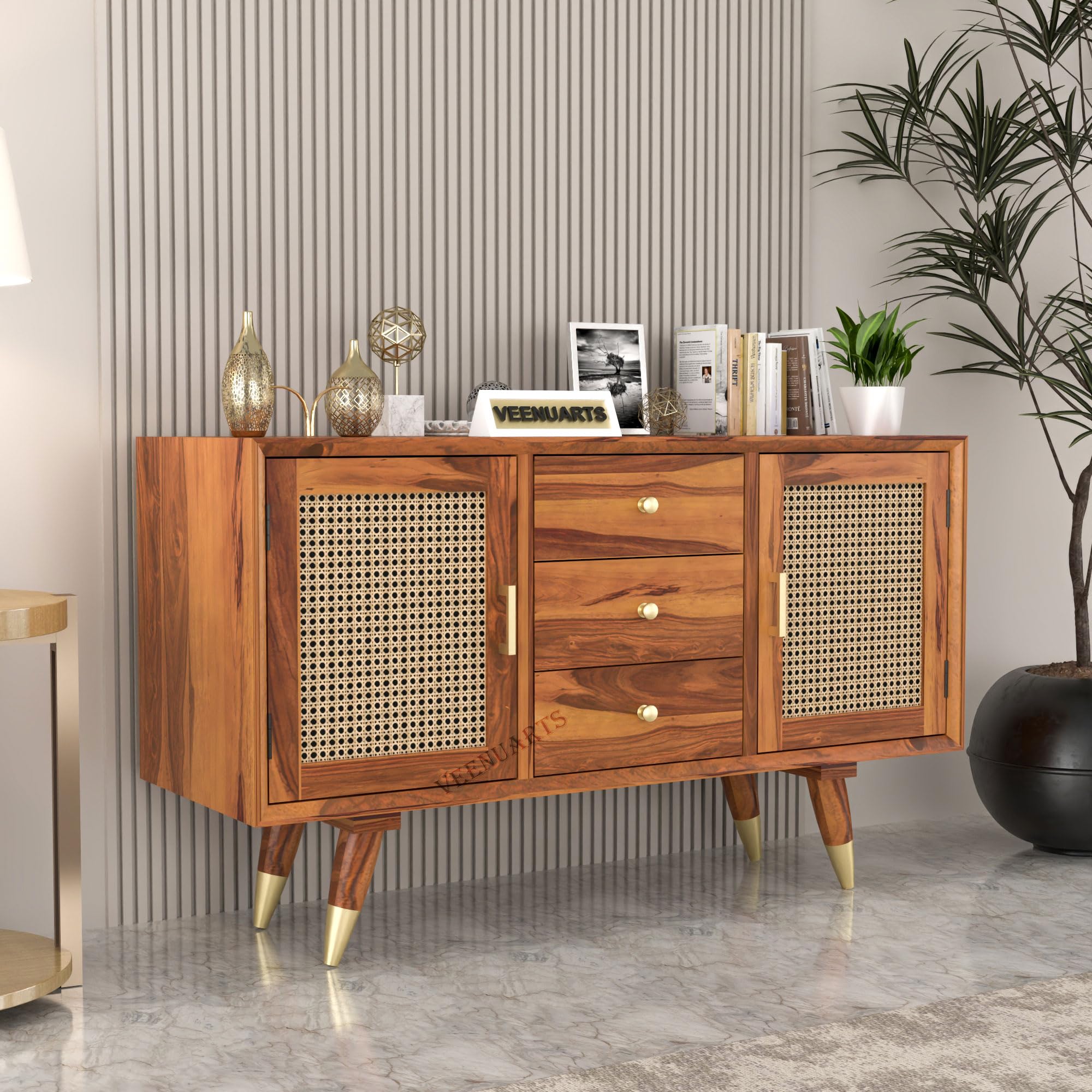 VEENUARTS Wooden Sideboard Cabinet for Living Room | Solid Wood Kitchen Crockery Cabinets with 3 Drawers & 2 Door | Storage Unit for Bedroom (Natural Finish)