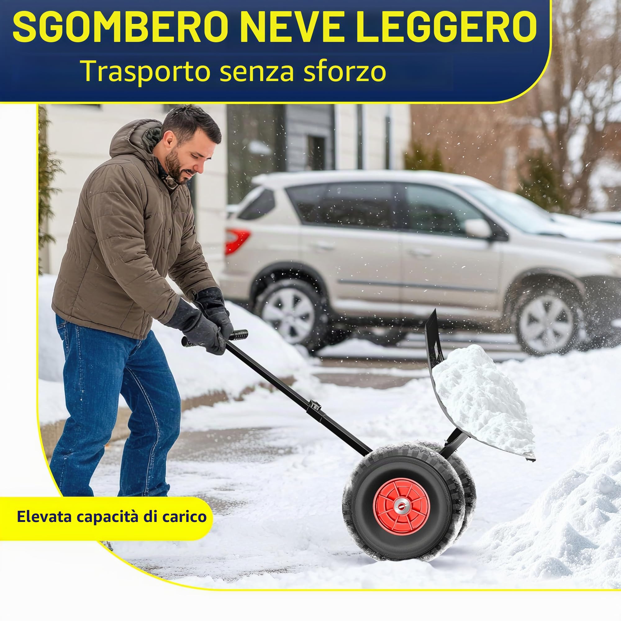 MASKO® Pala da neve su ruote regolabile in altezza – 5 posizioni regolabili in altezza, che non danneggia la schiena, 75 cm, larghezza di lavoro 42 cm