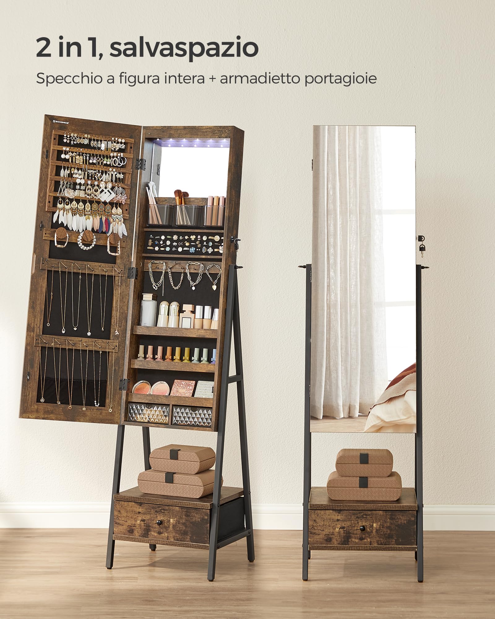 SONGMICS Specchio Portagioie con Luce LED, Specchiera Portagioie da Terra, Armadietto Portagioielli con Specchio a Figura Intera, Cassetto e Ripiano, Idea Regalo, Marrone Vintage JJC025X01