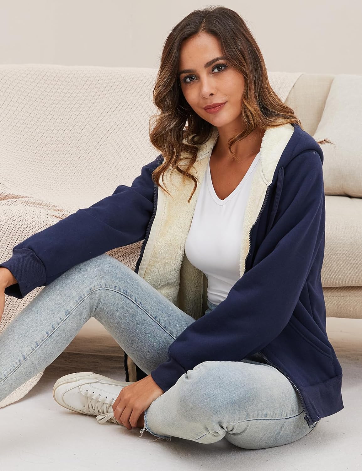 Gihuo Women's Sherpa Lined Hooded Sweatshirt Zip Up Winter Warm Hoodie Comfy Hooded Fleece Jacket - Image 3