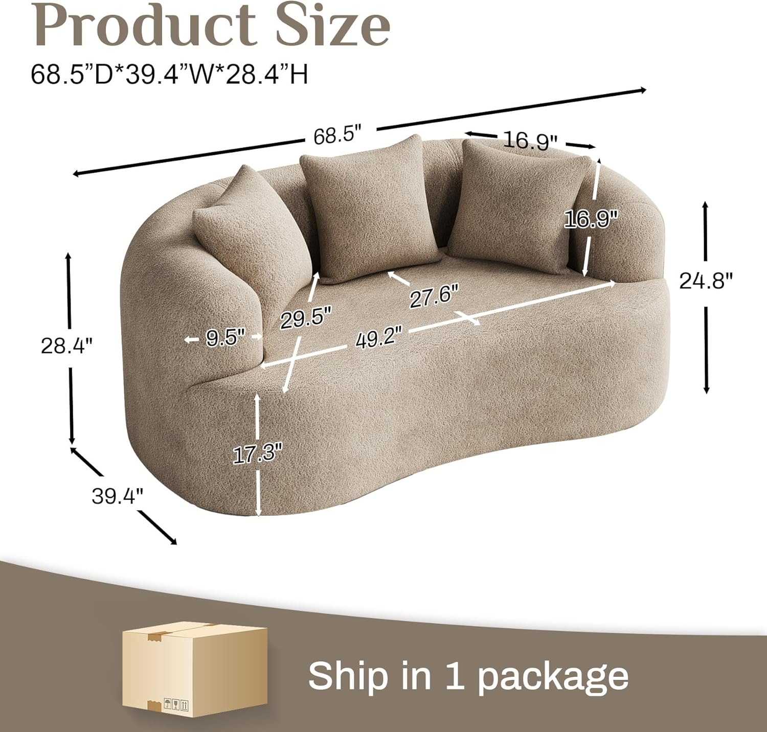 DAMAIFROM 68.5" Loveseat Sofa for Living Room, Modern Luxury Plush Chenille Extra Deep Seat Curved Cloud Floor Couch with 3 Throw Pillows for Small Spaces, No Assembly Needed, Light Brown