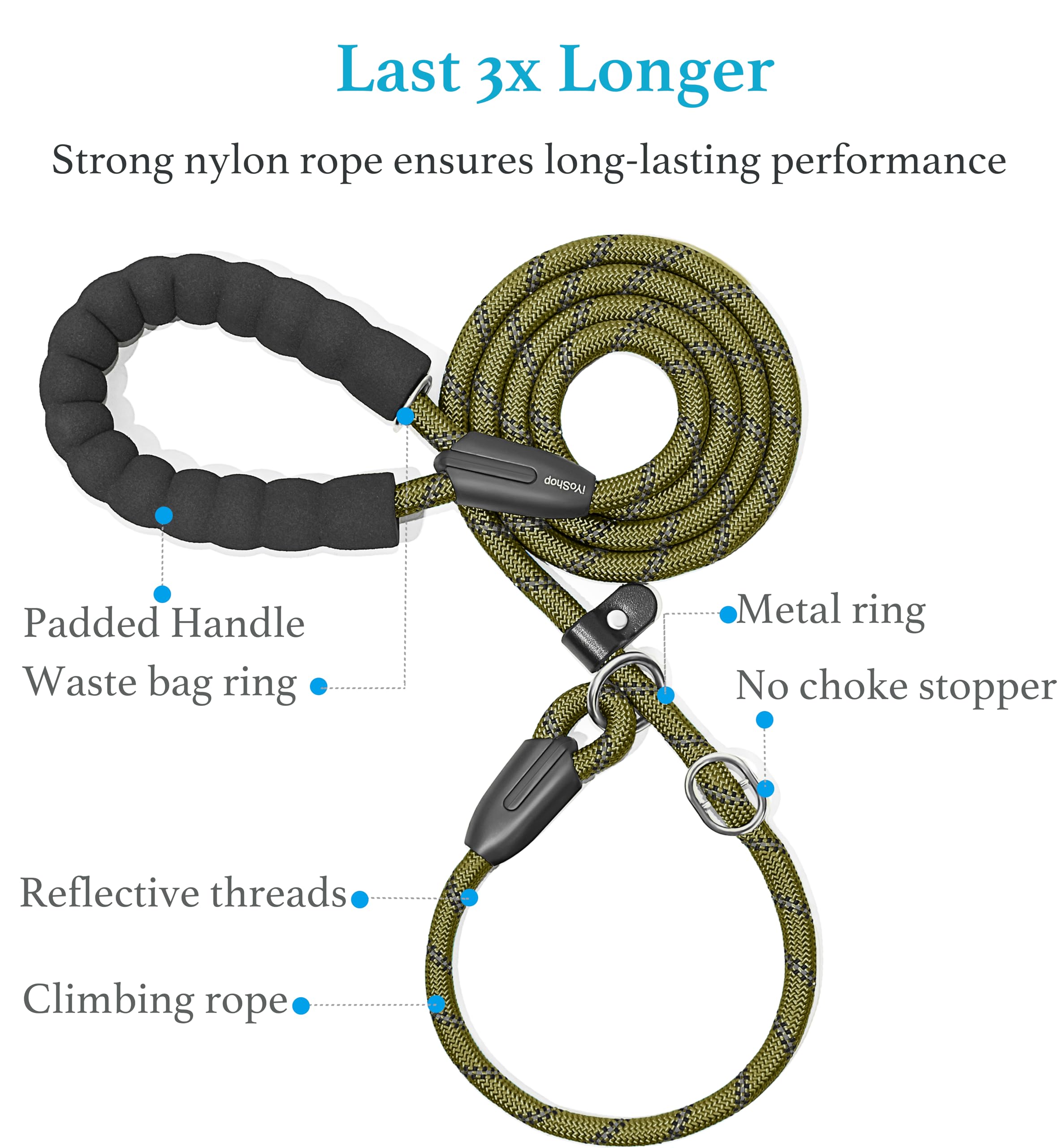 iYoShop Guinzaglio per cani resistente con manico imbottito e fili altamente riflettenti, guinzaglio da addestramento per cani (1,27 cm x 1,2 m, verde militare)