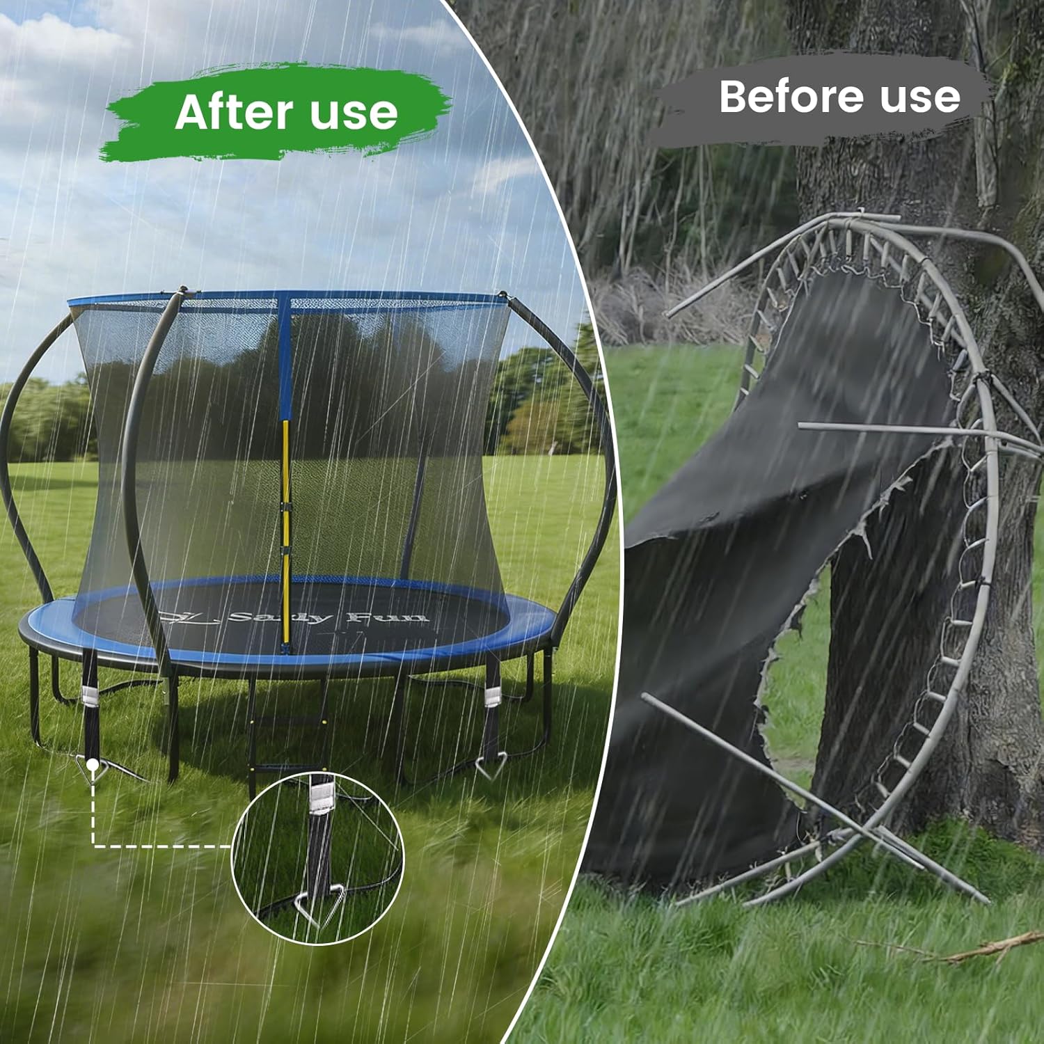 Safly Fun Heavy Duty Trampoline Stakes Anchor Kit, Spiral Ground Anchors with Straps & Installation Tool, Secure for Trampoline, Tent, Canopy, Gazebo, Dog Tie-Out (4-Pack)