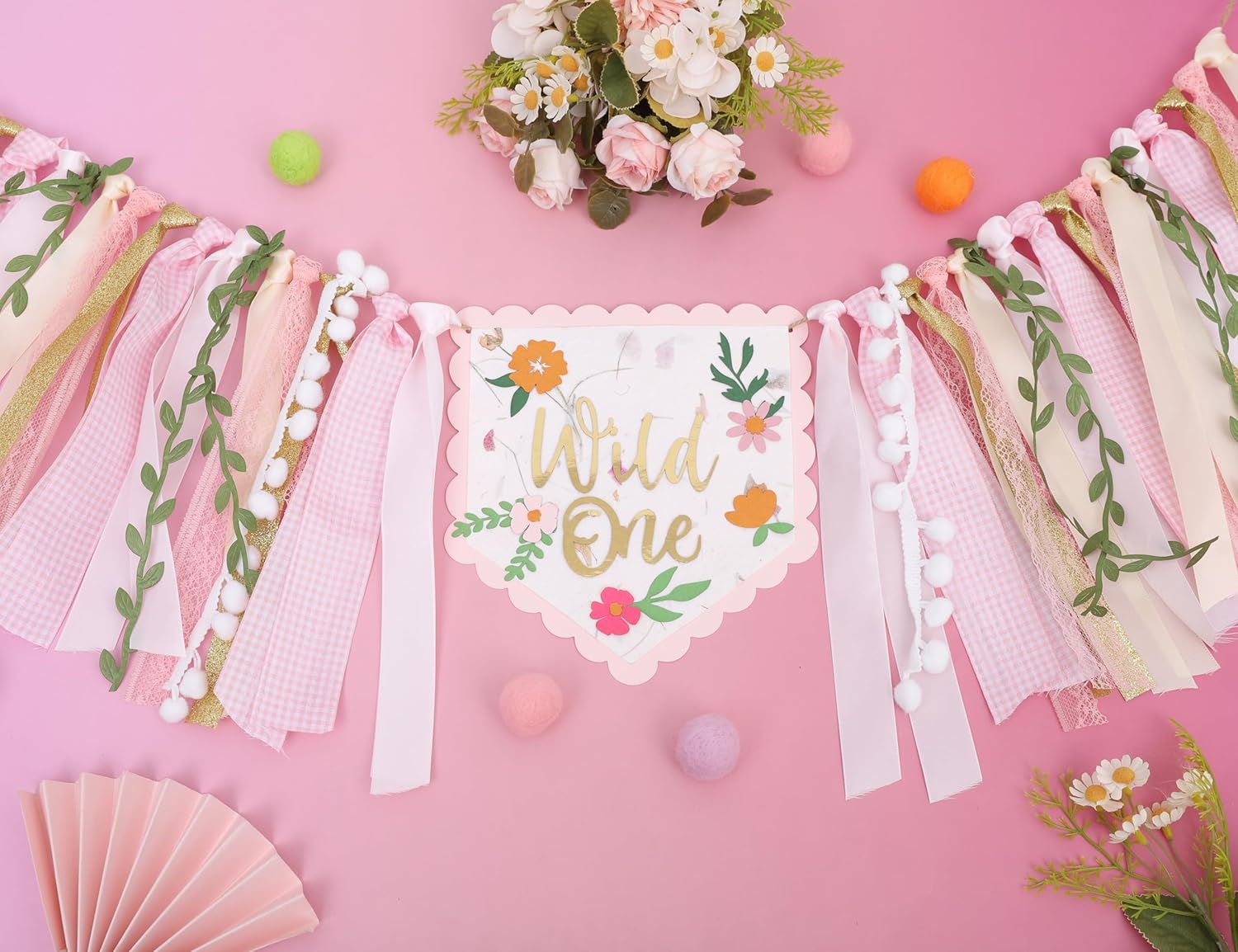 Wild Flower High Chiair Banner-Floral 1st Birthday Decoration-Pink Garland For Baby Girls，Our Little Wild Flower is Turning One Banner - Image 5
