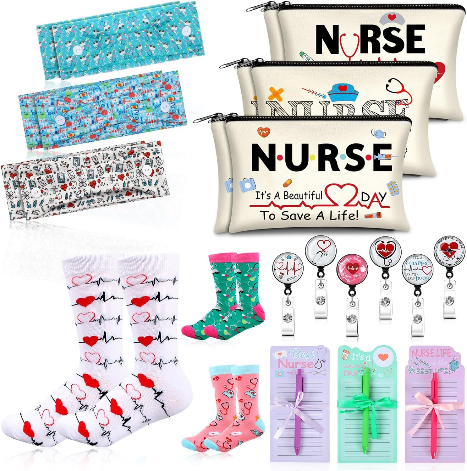Hotop 36 Pcs Nurse Week Gifts Survival Kit Accessories for Work Badge Reel Makeup Cosmetic Bag Stockings Notepads with Pen Nursing Headbands Buttons Mask Nurses Doctors