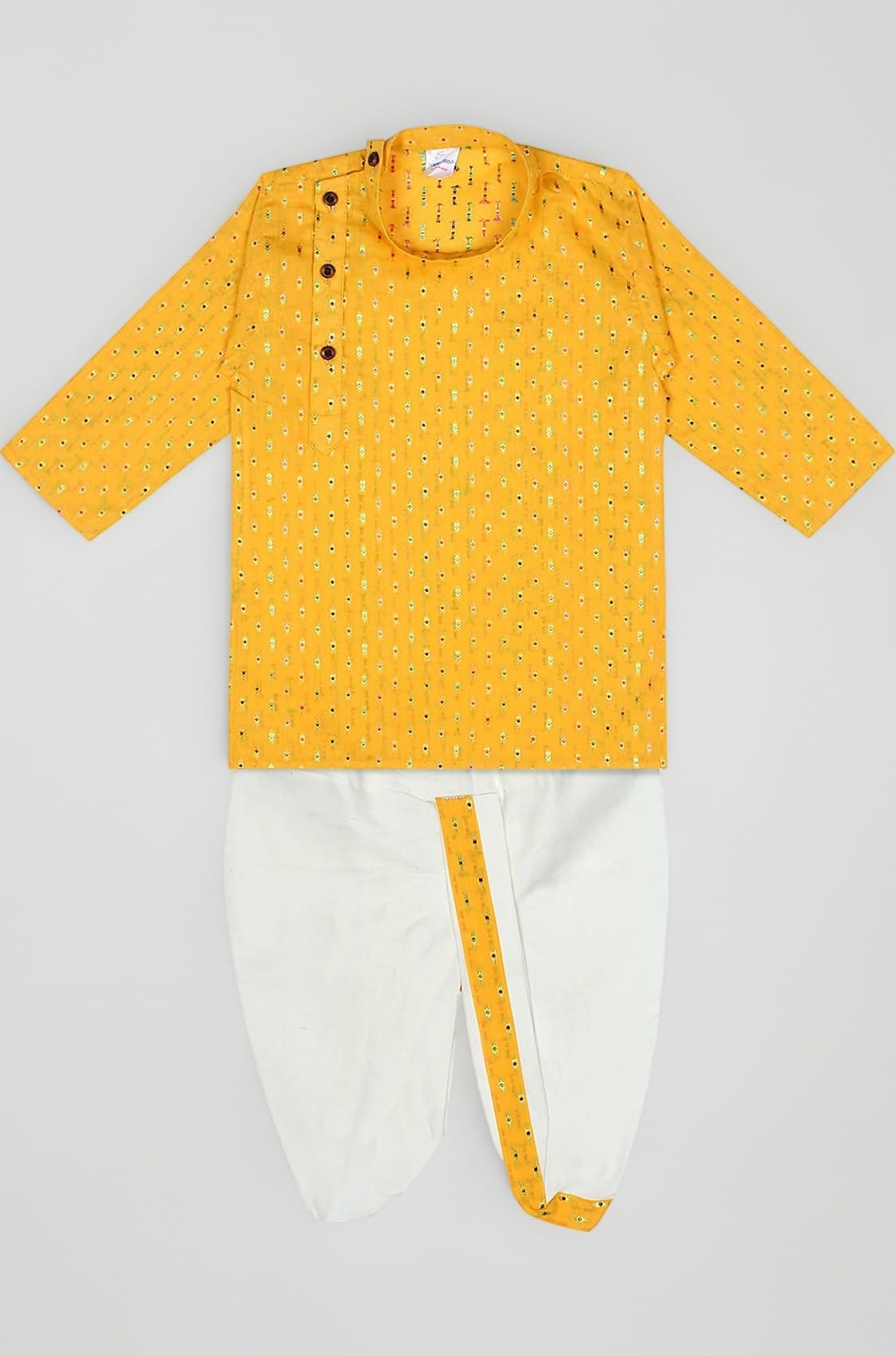 Boy's Cotton Kurta with Dhoti - Golden Thread Work, Solid Round Collar, Full Sleeves, Side Button Kurta Set for Ethnic Wear