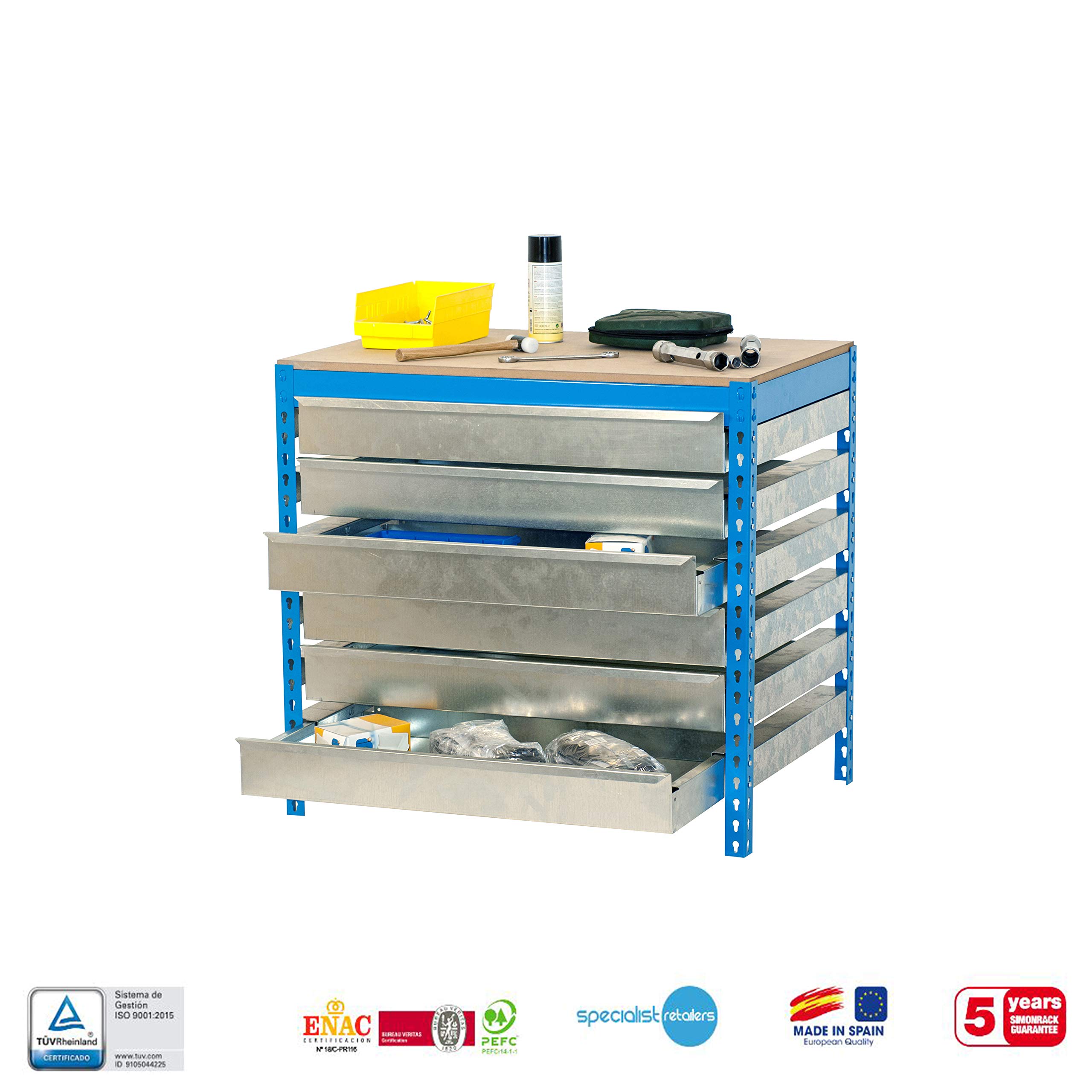 Simon Rack Banco de Trabajo Taller con 6 cajones 910x610 mm - BT5 | Tablero madera 16 mm, Capacidad Carga 600 kg, Azul , Pintura anticorrosión, Montaje sistema clic