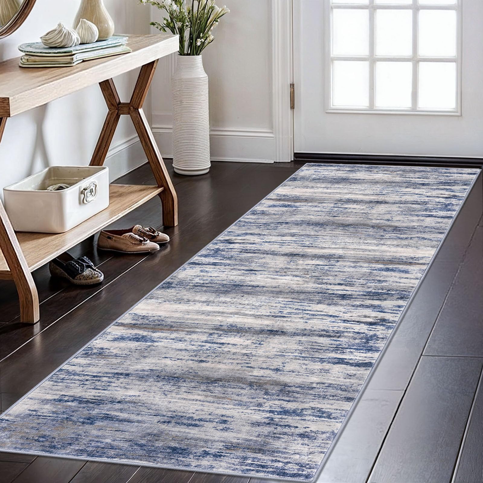 KOZYFLY Modern Washable Rug Runner 2x6 Runners for Hallways Grey-Blue | Non-Slip, Non-Shedding, Low Pile Soft, Abstract Striped, For Hall Kitchen Entryway Bathroom Laundry Bedroom Foyer