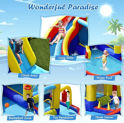 Miniatura 3 de BOUNTECH Castillo inflable para tobogán acuático, castillo de salto de parque acuático 6 en 1 para niños con 2 piscinas de salpicaduras, anillo de